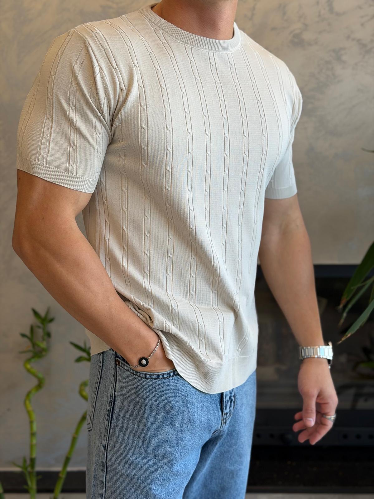 Erkek Kısa Kollu Saç Örgü Desenli  Bisiklet Yaka Tshirt Bej Eca072