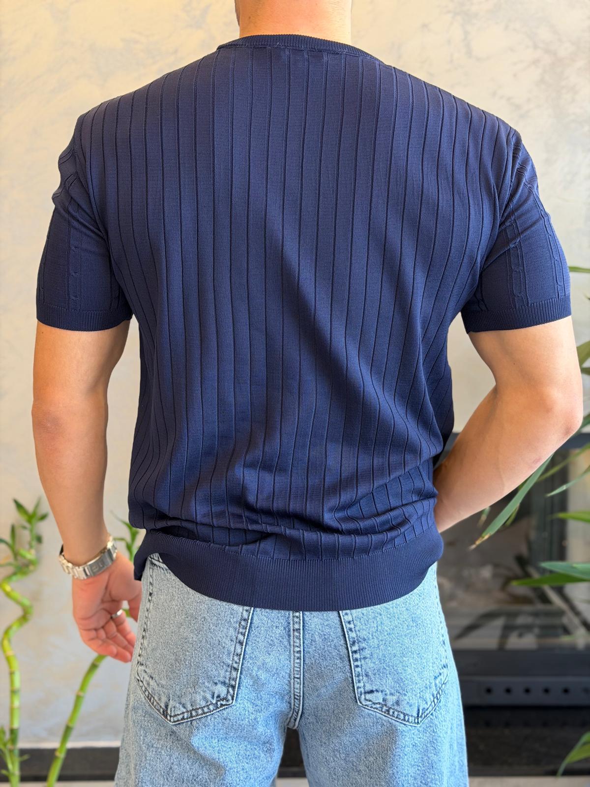 Erkek Kısa Kollu Saç Örgü Desenli  Bisiklet Yaka Tshirt Lacivert Eca072