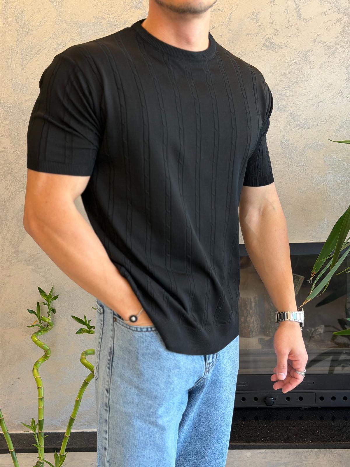 Erkek Kısa Kollu Saç Örgü Desenli  Bisiklet Yaka Tshirt Siyah Eca072