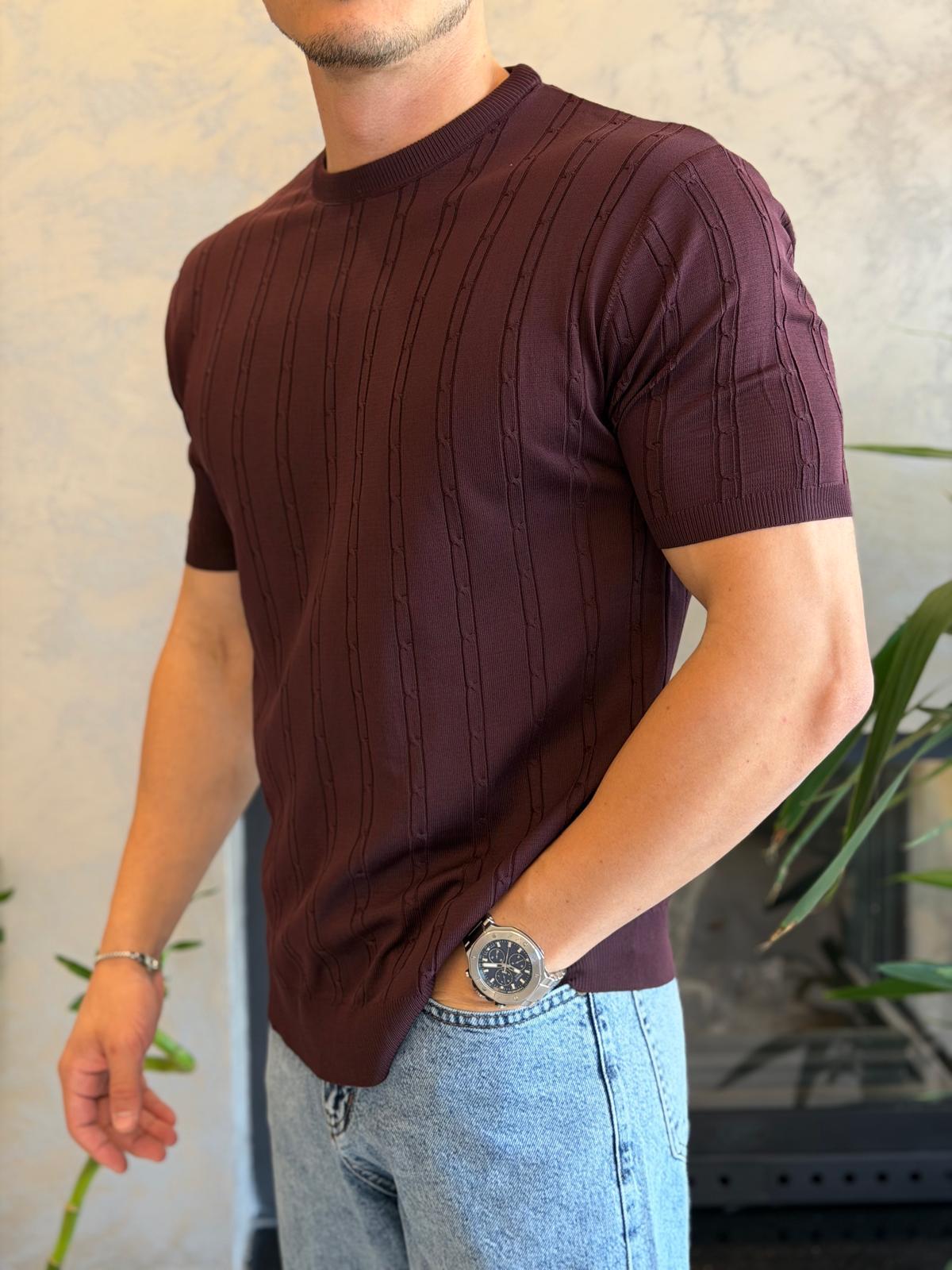 Erkek Kısa Kollu Saç Örgü Desenli  Bisiklet Yaka Tshirt Bordo Eca072
