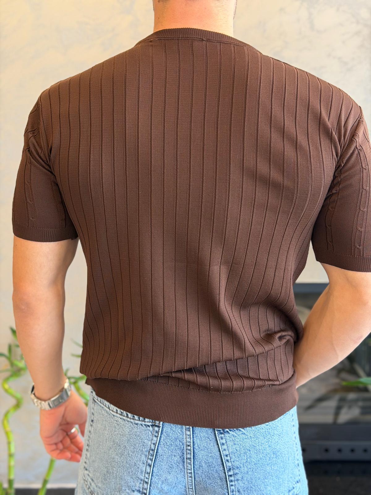 Erkek Kısa Kollu Saç Örgü Desenli  Bisiklet Yaka Tshirt Acı Kahve Eca072