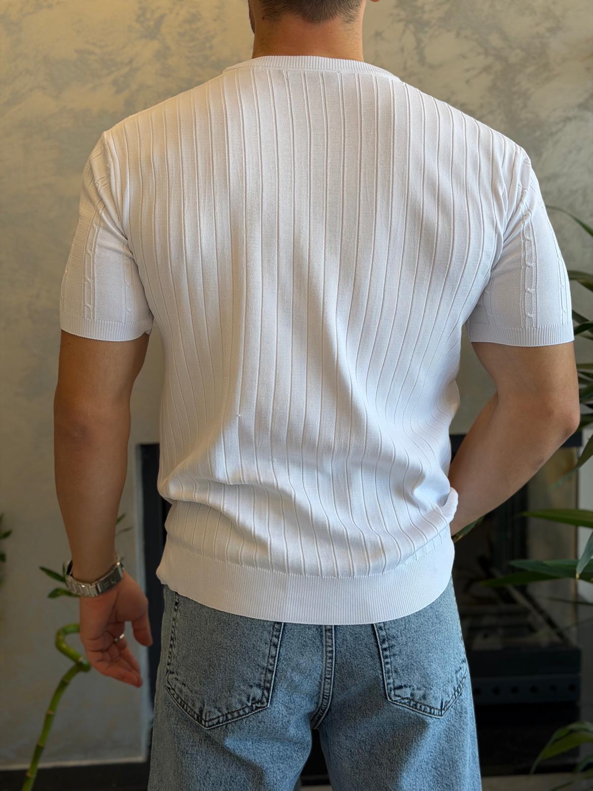 Erkek Kısa Kollu Saç Örgü Desenli  Bisiklet Yaka Tshirt Beyaz Eca072