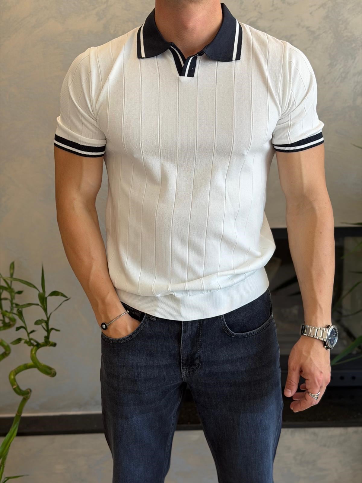 Erkek Kontrast Regular Fit Polo Yaka Tshirt Beyaz Eca078