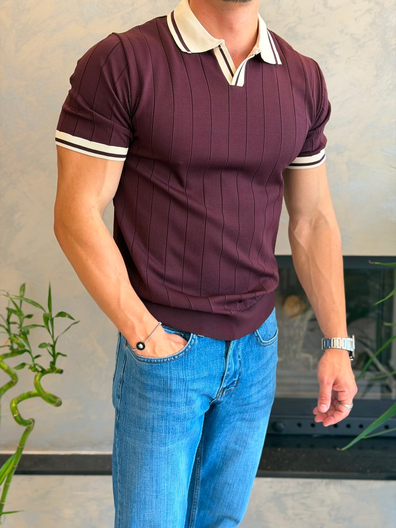 Erkek Kontrast Regular Fit Polo Yaka Tshirt Bordo Eca078