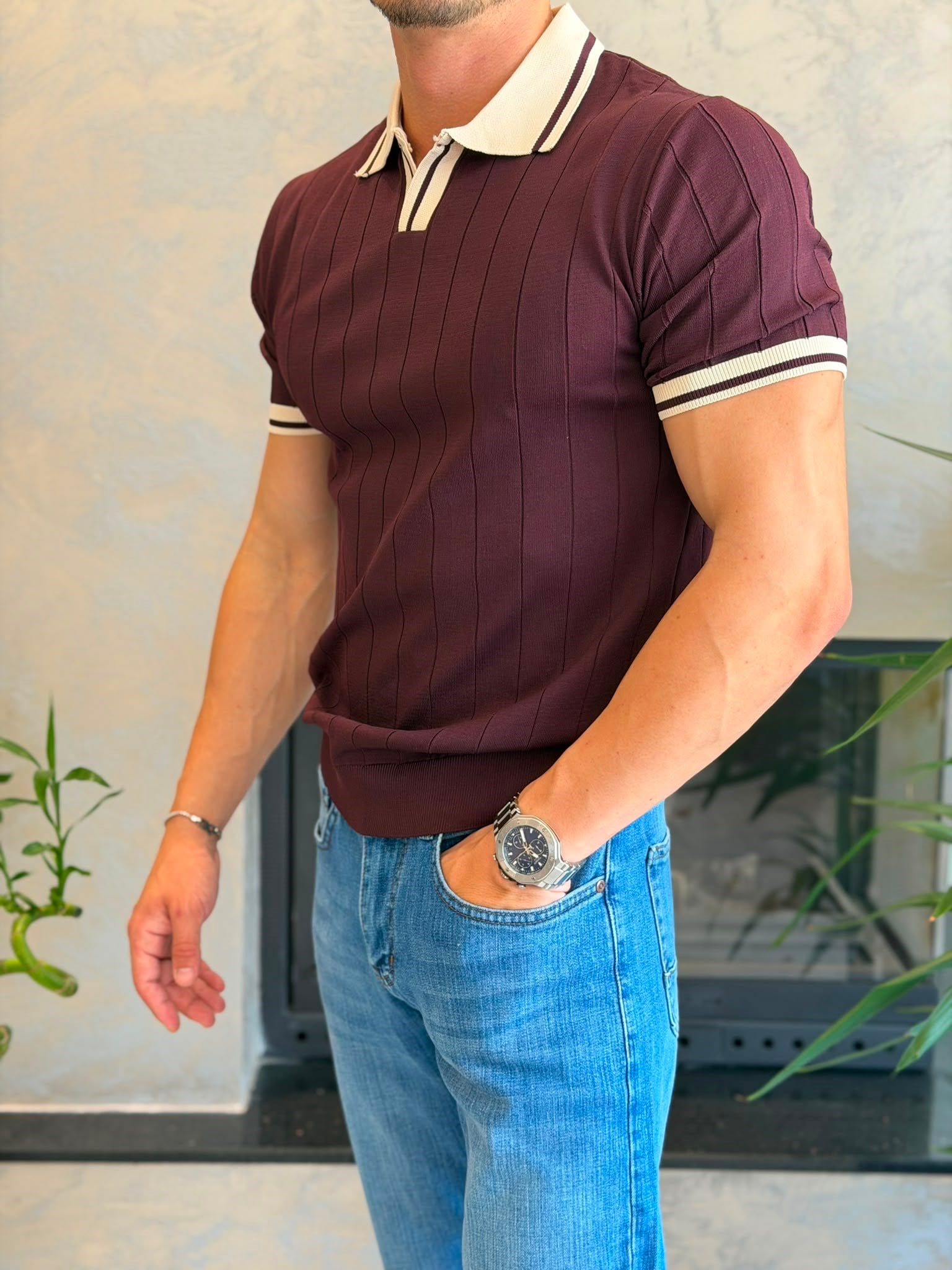 Erkek Kontrast Regular Fit Polo Yaka Tshirt Bordo Eca078