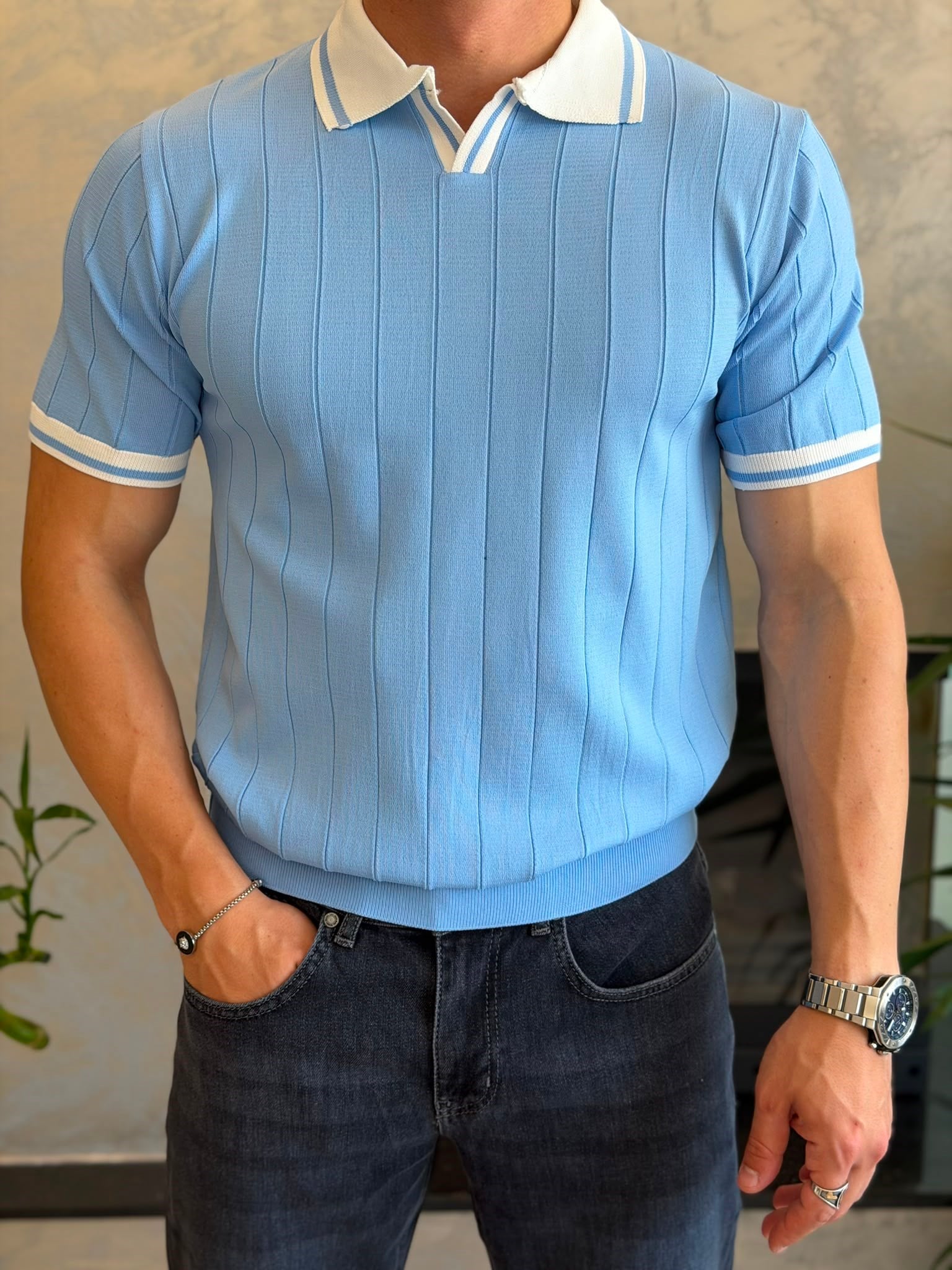 Erkek Kontrast Regular Fit Polo Yaka Tshirt Bebe Mavi  Eca078