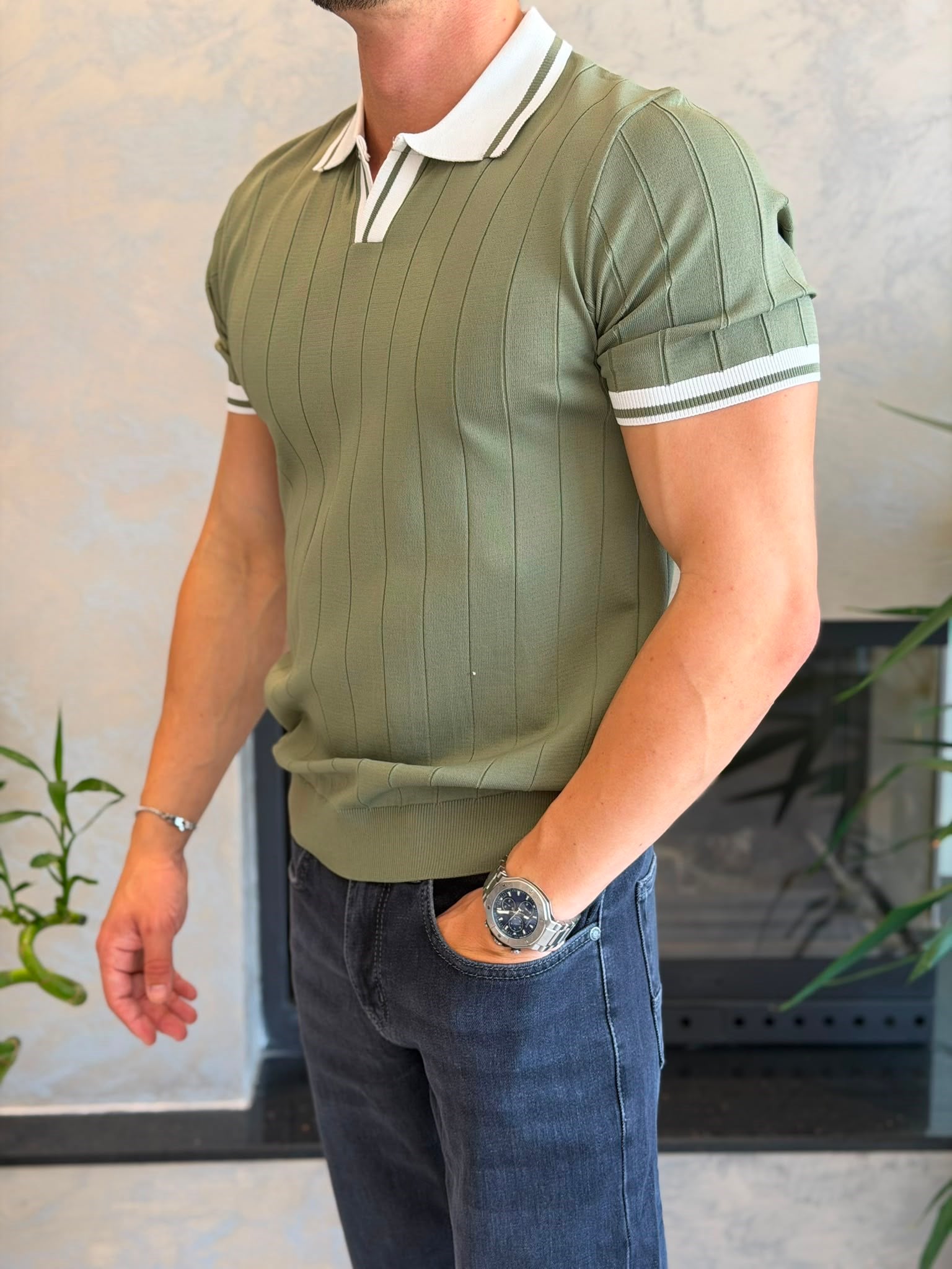 Erkek Kontrast Regular Fit Polo Yaka Tshirt Haki Eca078