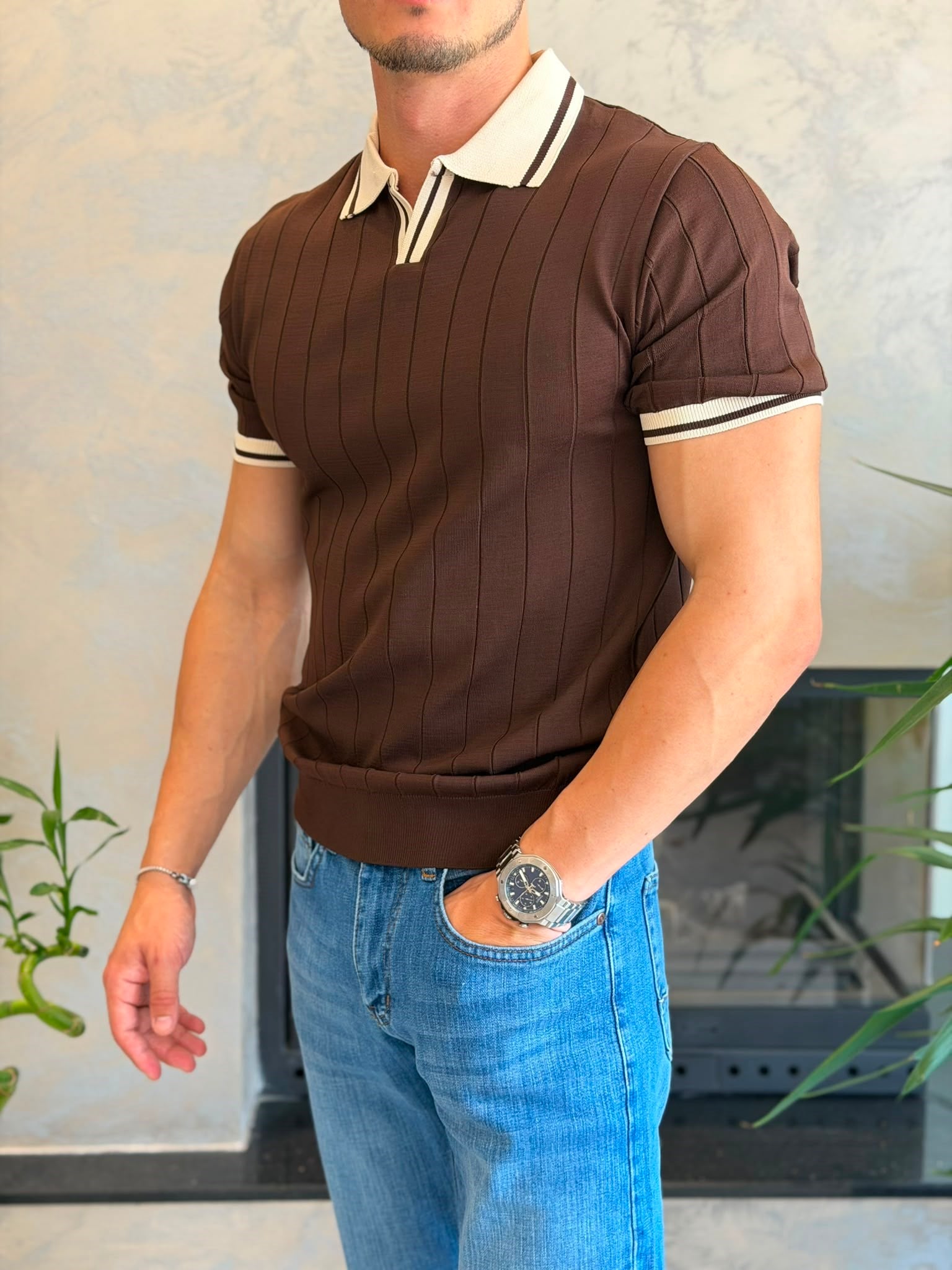 Erkek Kontrast Regular Fit Polo Yaka Tshirt Acı Kahve Eca078