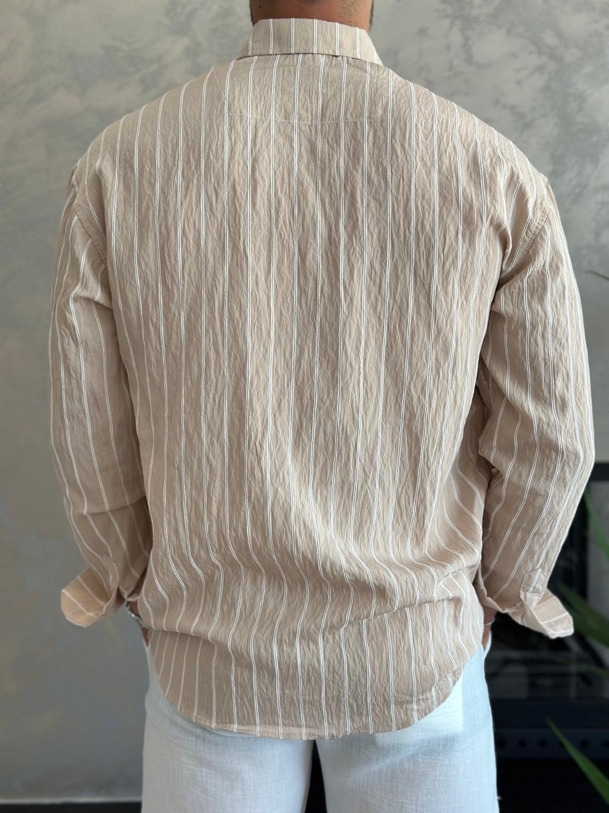 Erkek Oversize Kesim Çizgili Gömlek Bej Eca009
