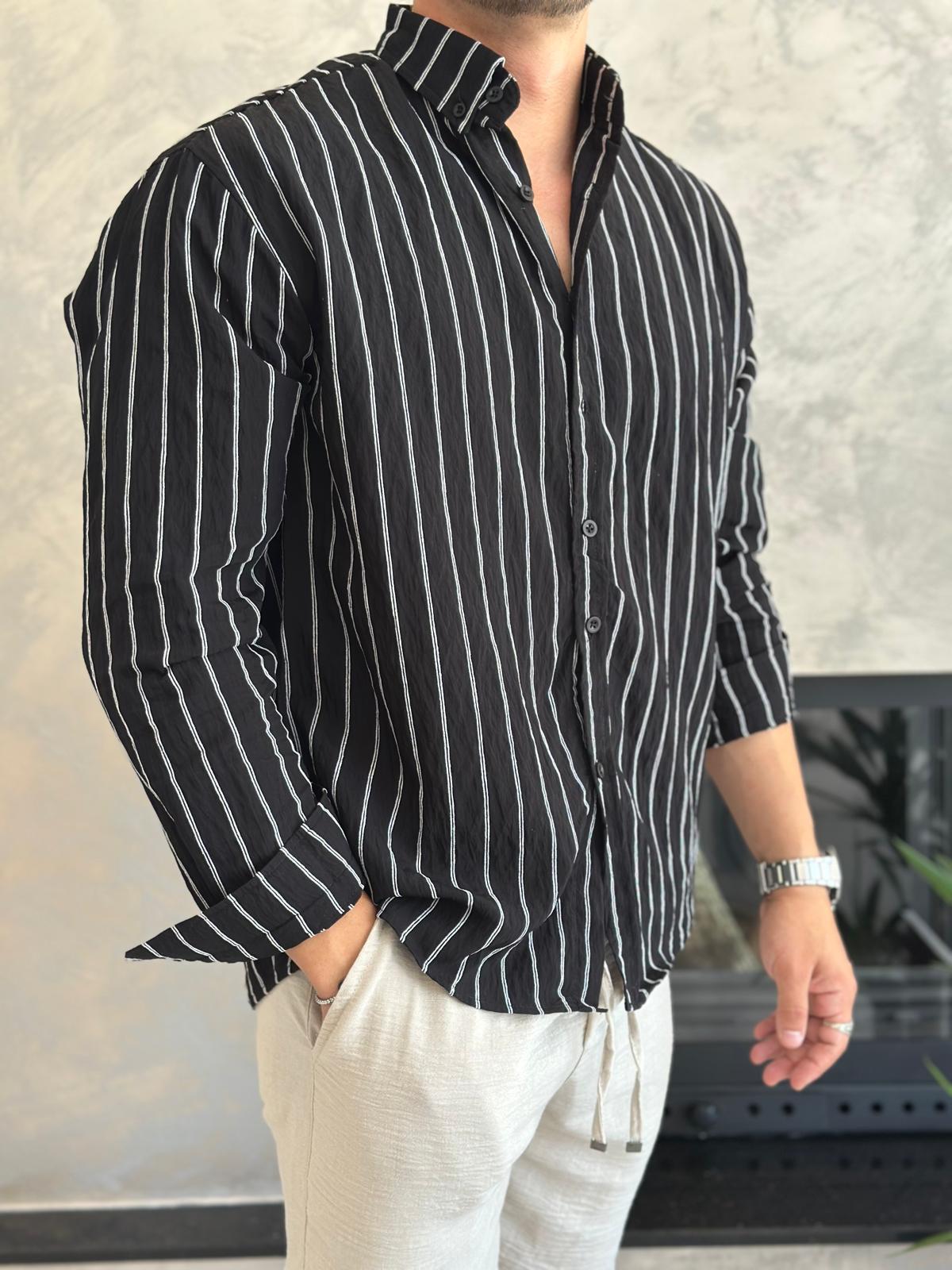 Erkek Oversize Kesim Çizgili Gömlek Siyah Eca009