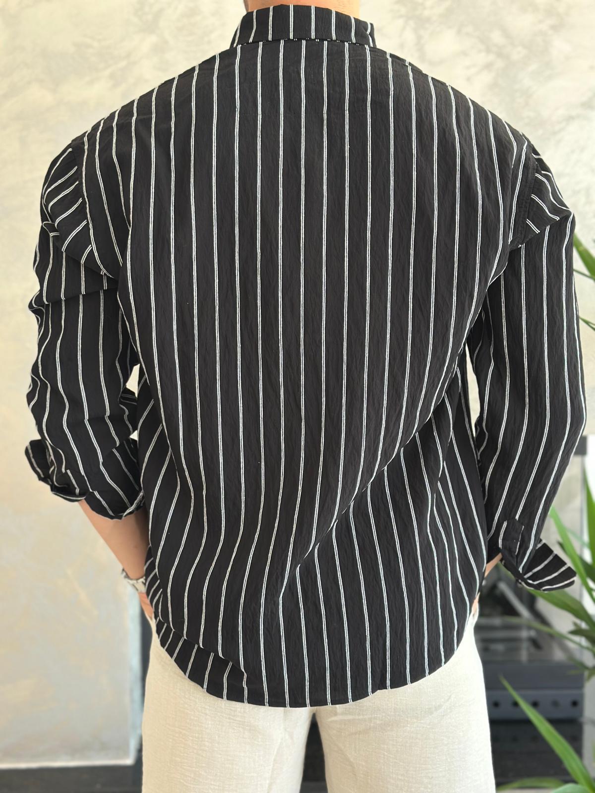 Erkek Oversize Kesim Çizgili Gömlek Siyah Eca009