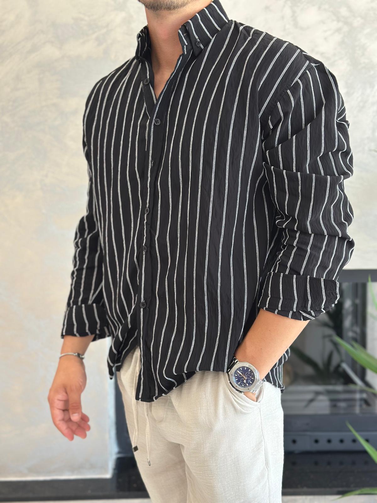 Erkek Oversize Kesim Çizgili Gömlek Siyah Eca009