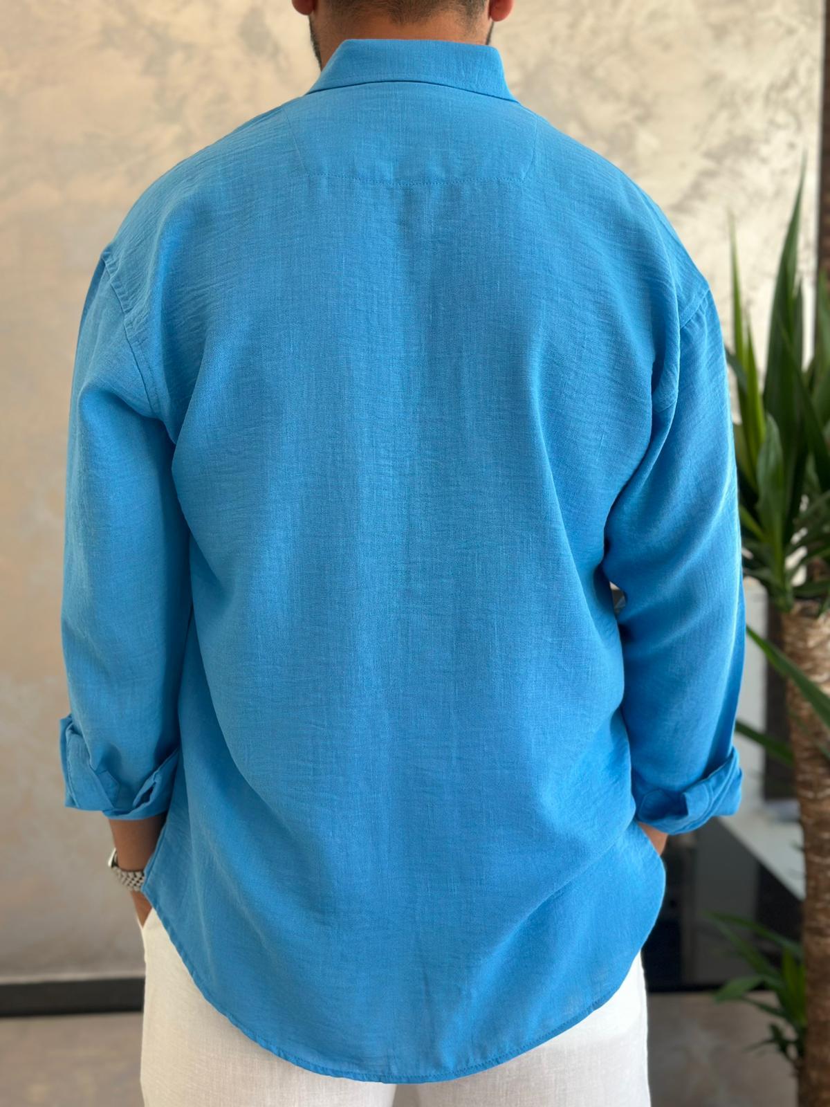 Erkek Oversize Kesim Keten Gömlek Bebe Mavi  Eca007