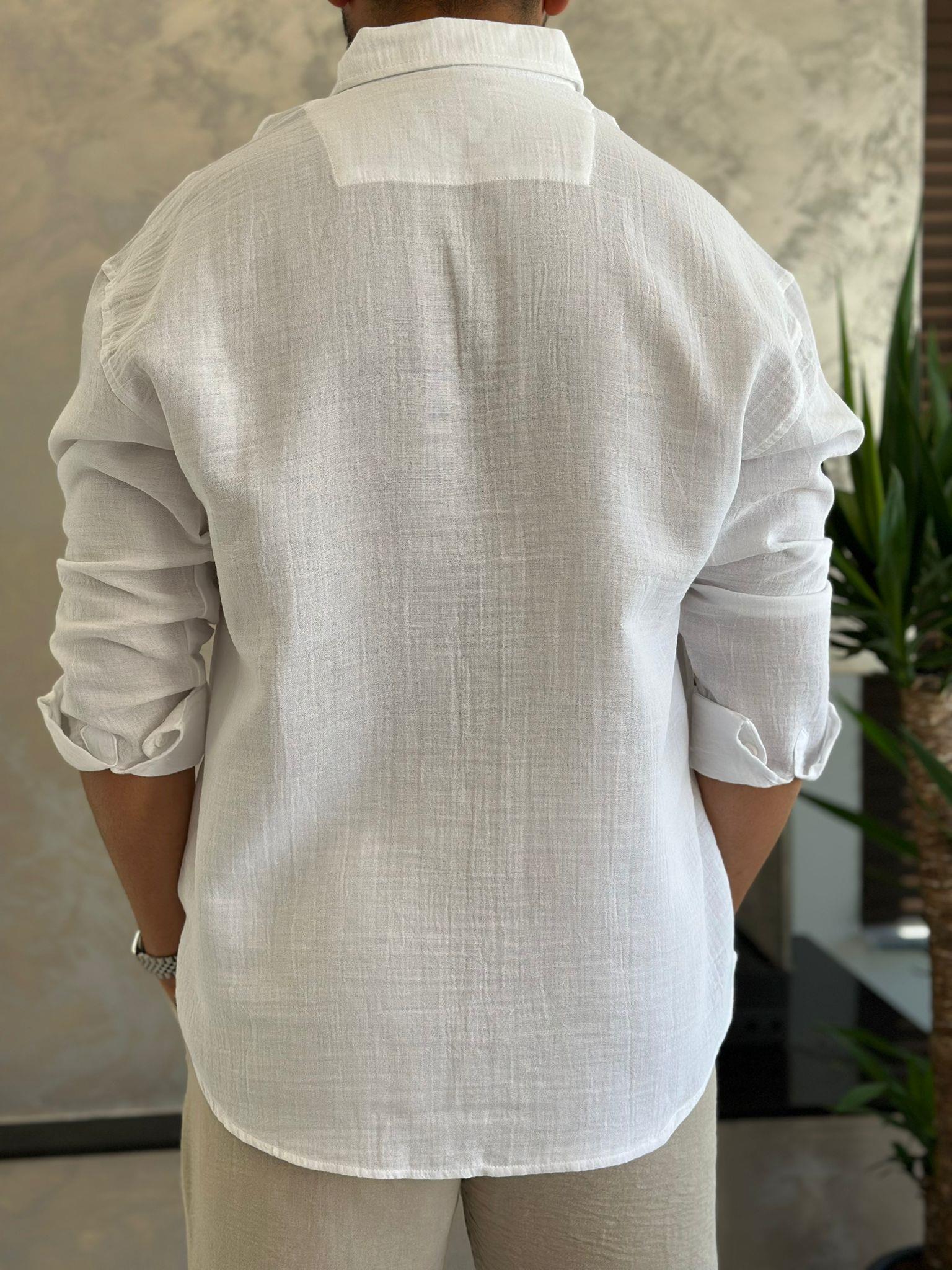 Erkek Oversize Kesim Keten Gömlek Beyaz Eca007