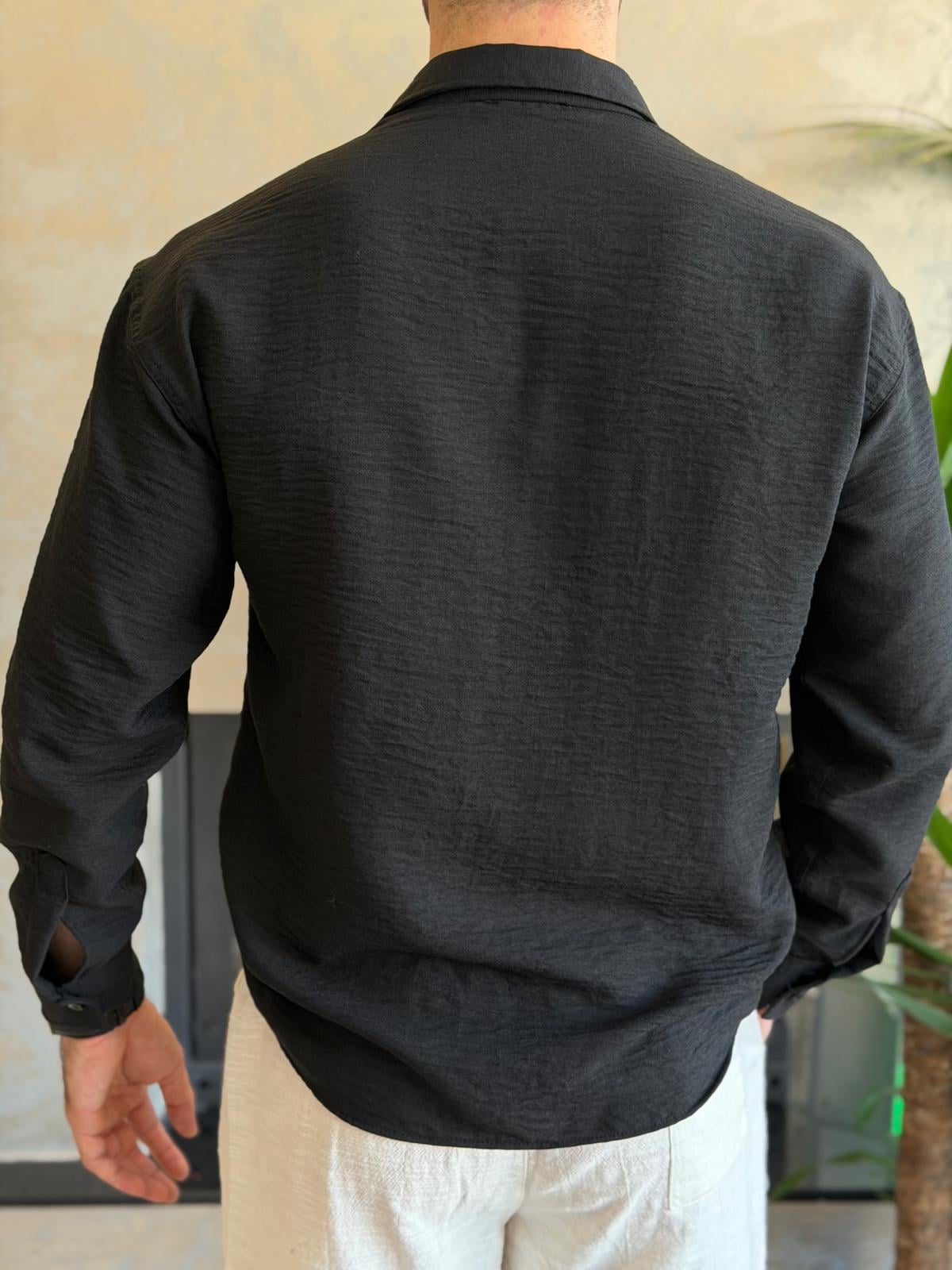 Erkek Oversize Kesim Keten Gömlek Siyah Eca061