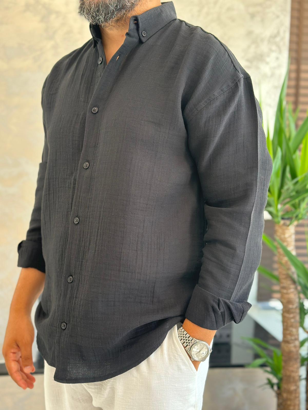 Erkek Oversize Kesim Keten Gömlek Siyah Eca007