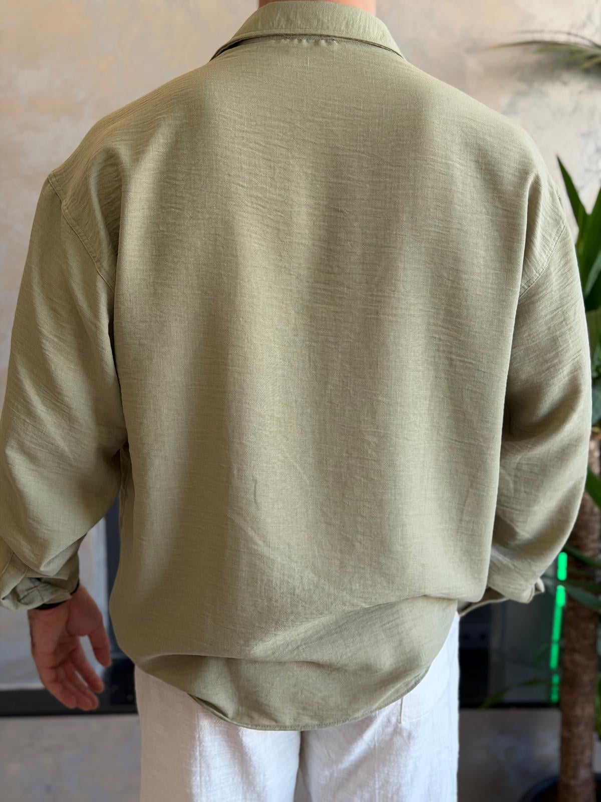 Erkek Oversize Kesim Keten Gömlek Yeşil Eca061