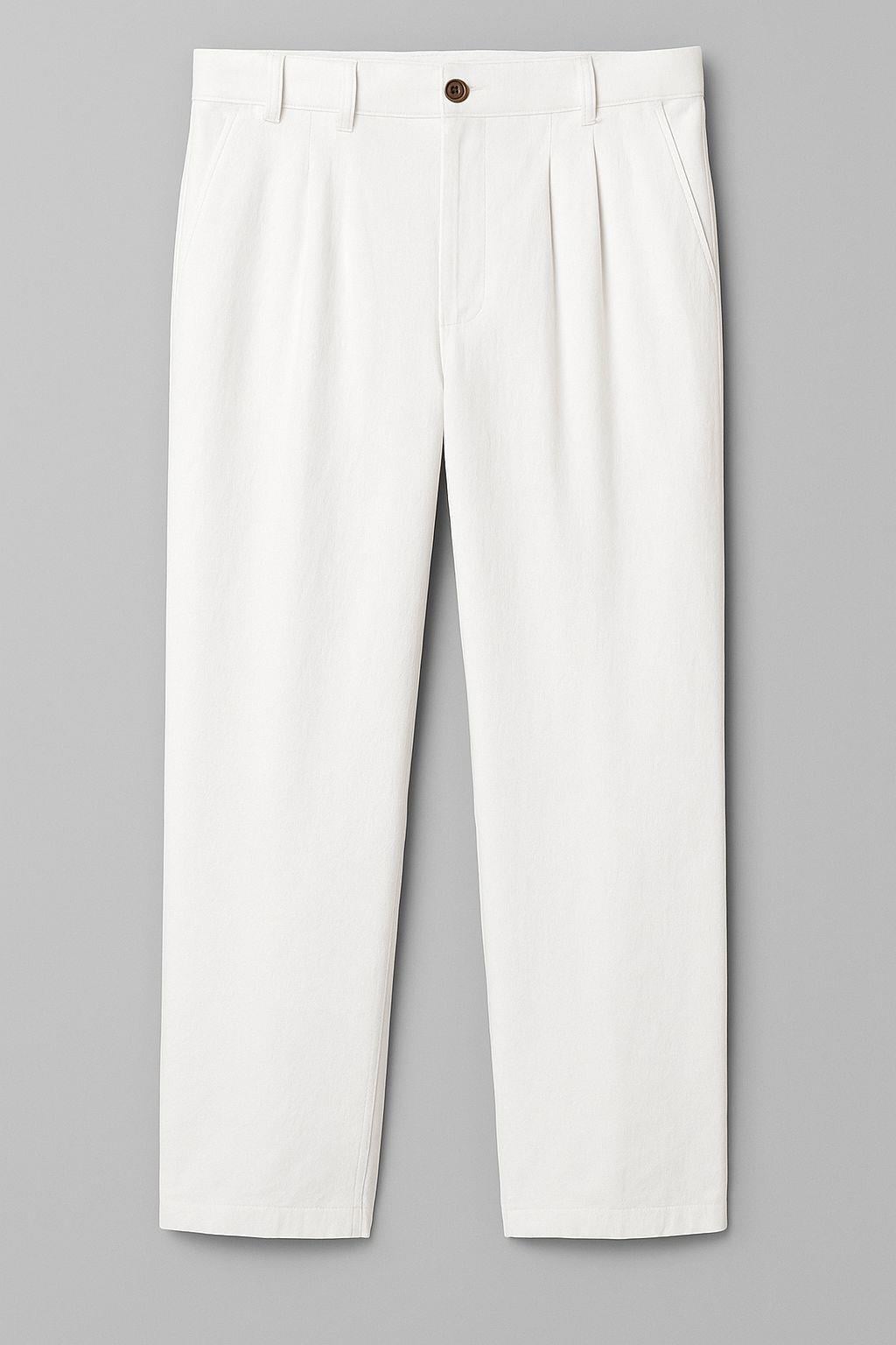Erkek Pileli  Relaxed Fit Keten Pantolon Beyaz Eca028