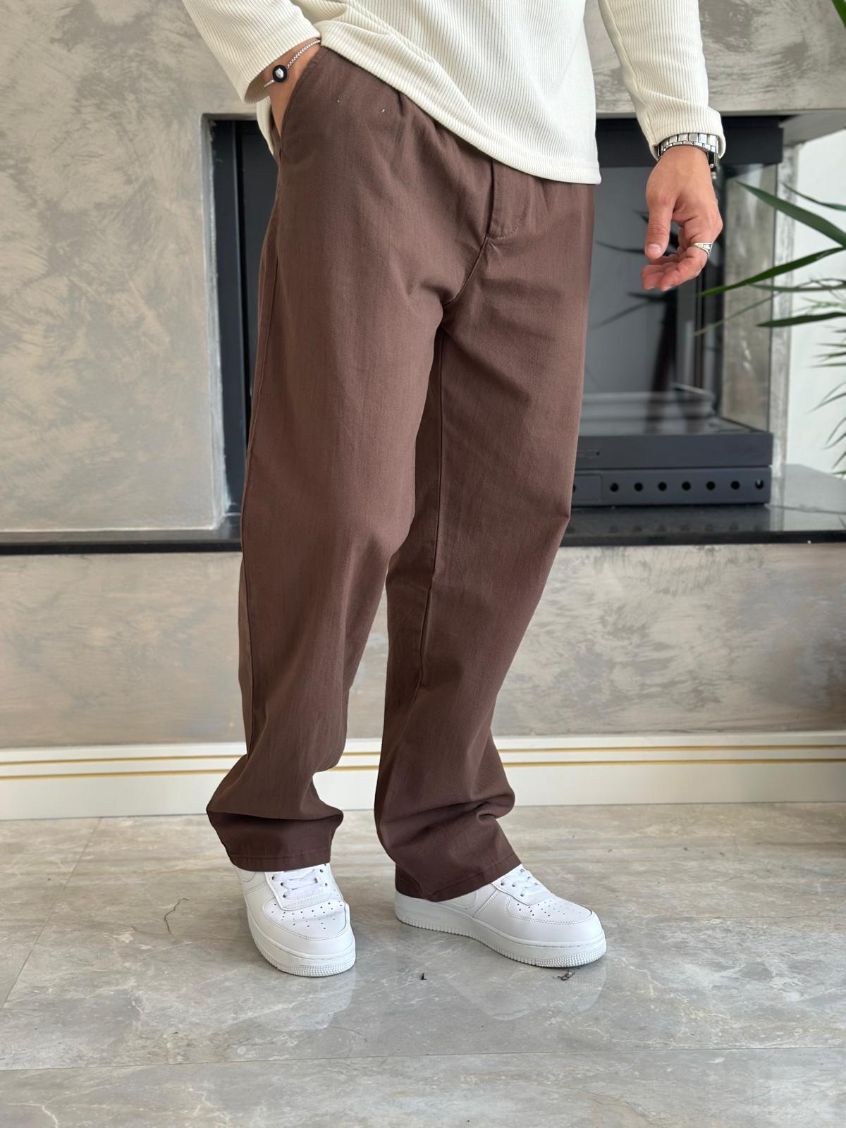 Erkek Pileli  Relaxed Fit Keten Pantolon Kahverengi Eca028