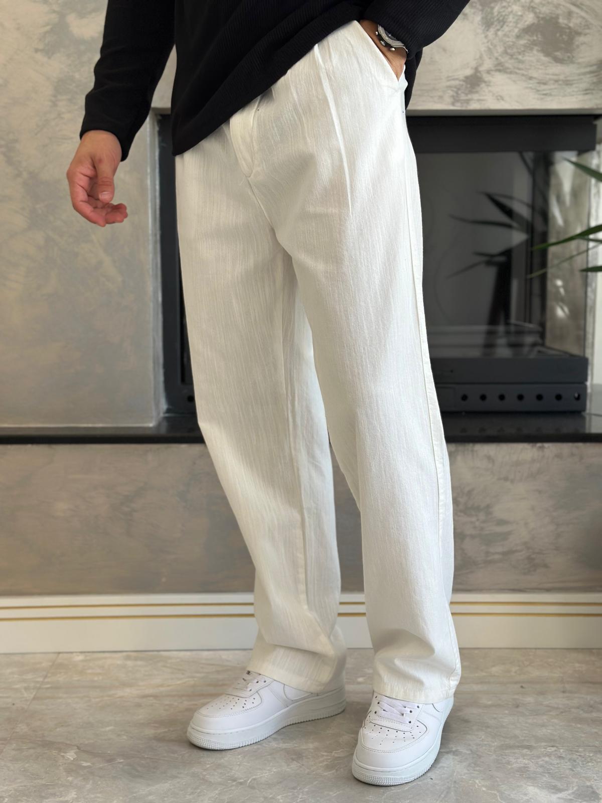 Erkek Pileli  Relaxed Fit Keten Pantolon Beyaz Eca028