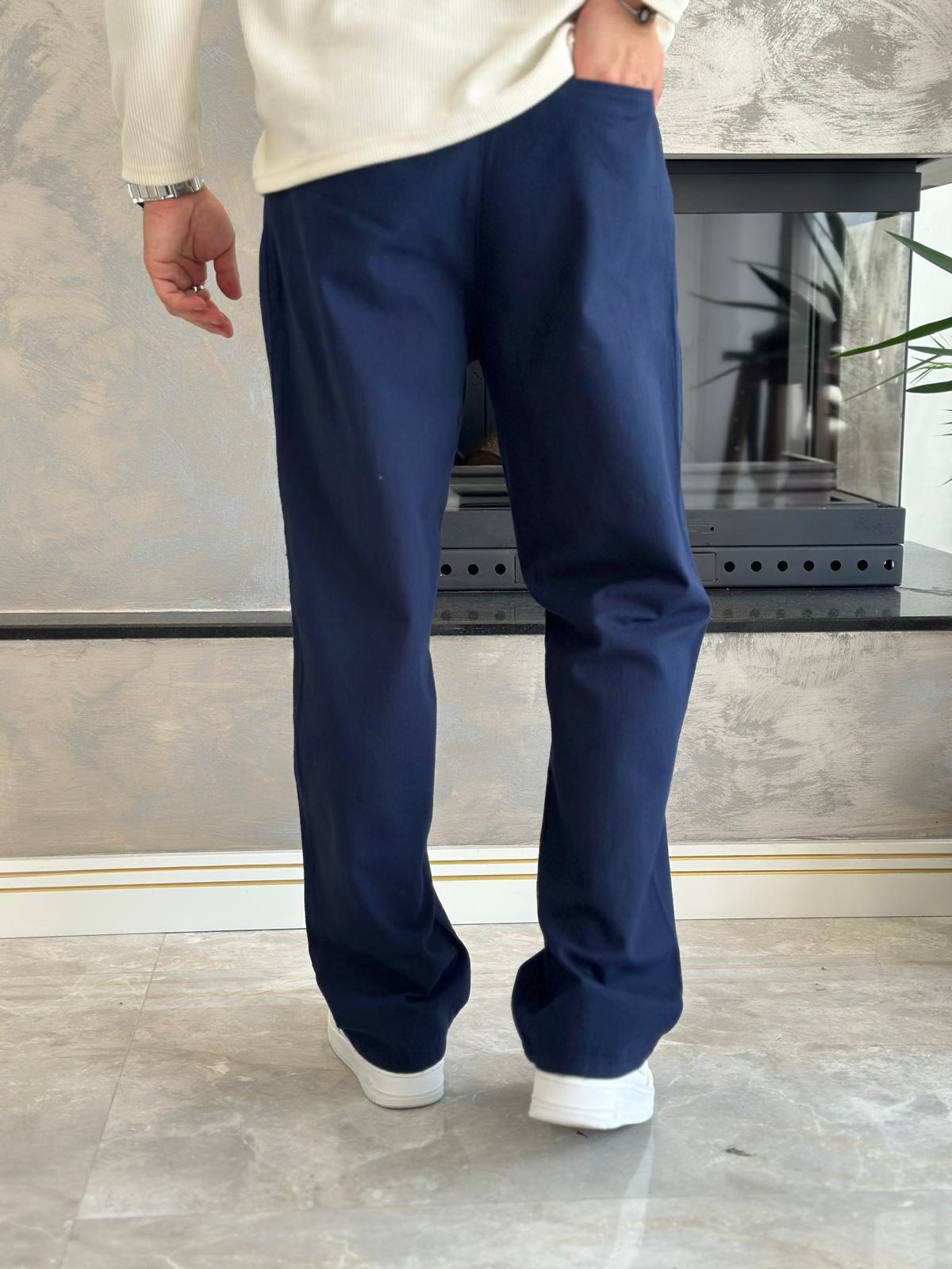 Erkek Pileli  Relaxed Fit Keten Pantolon Lacivert Eca028