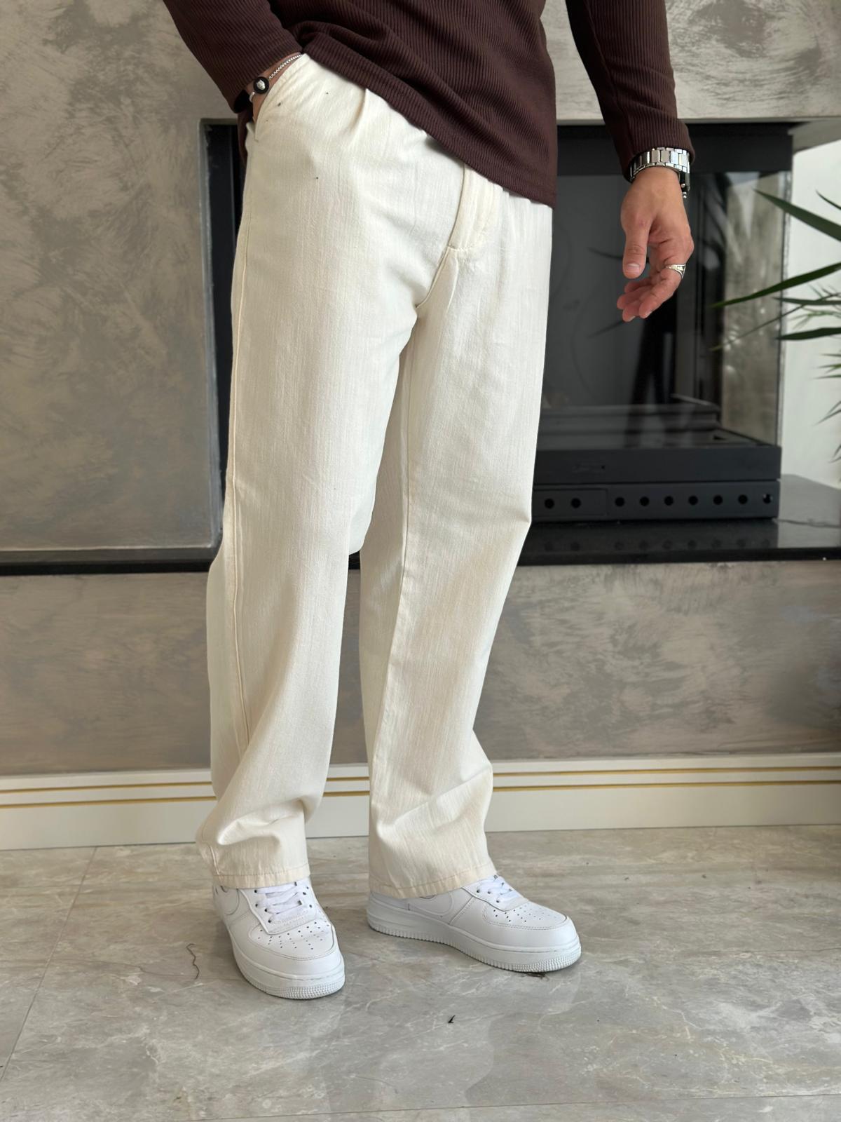 Erkek Pileli  Relaxed Fit Keten Pantolon Bej Eca028