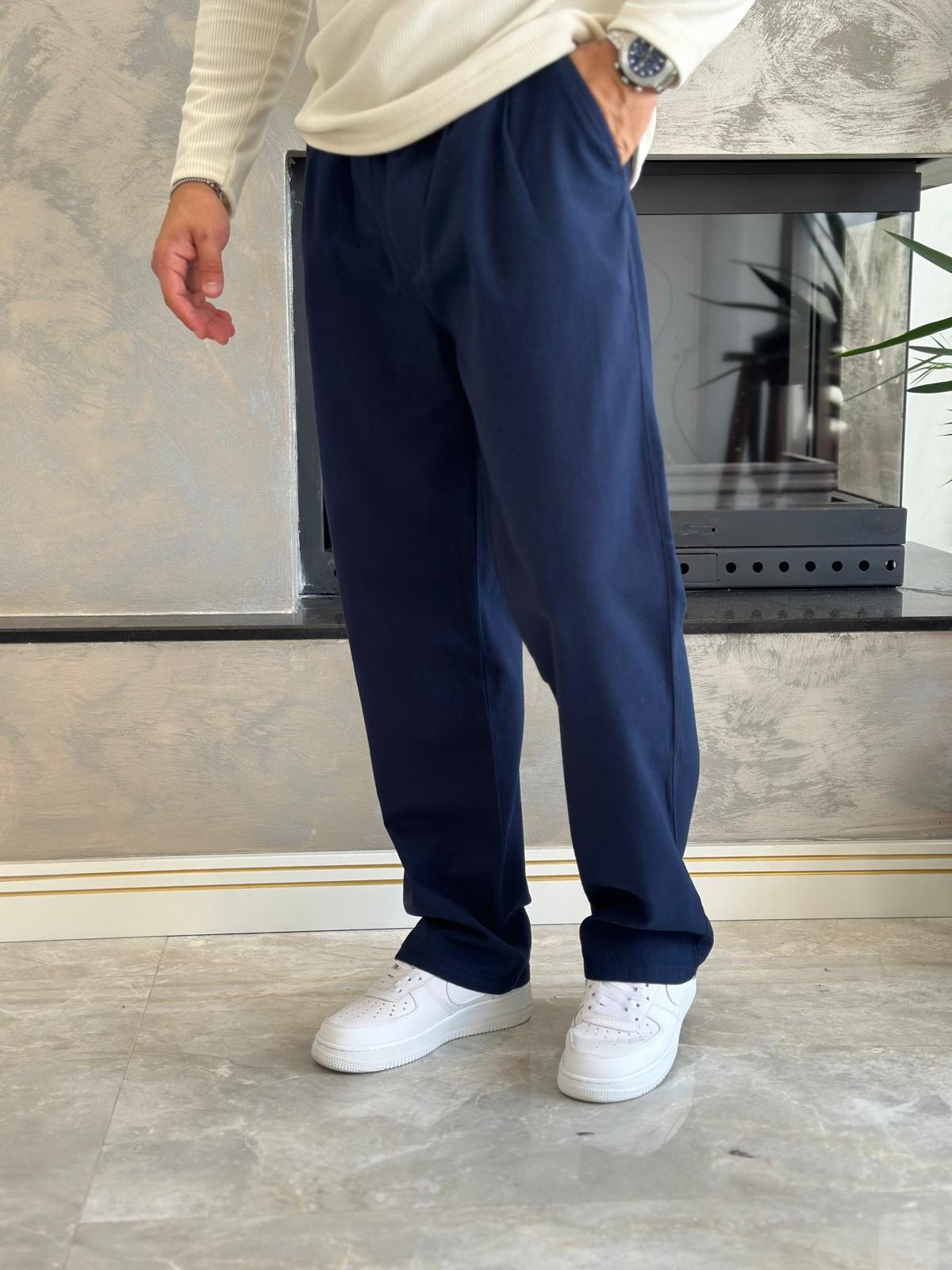 Erkek Pileli  Relaxed Fit Keten Pantolon Lacivert Eca028