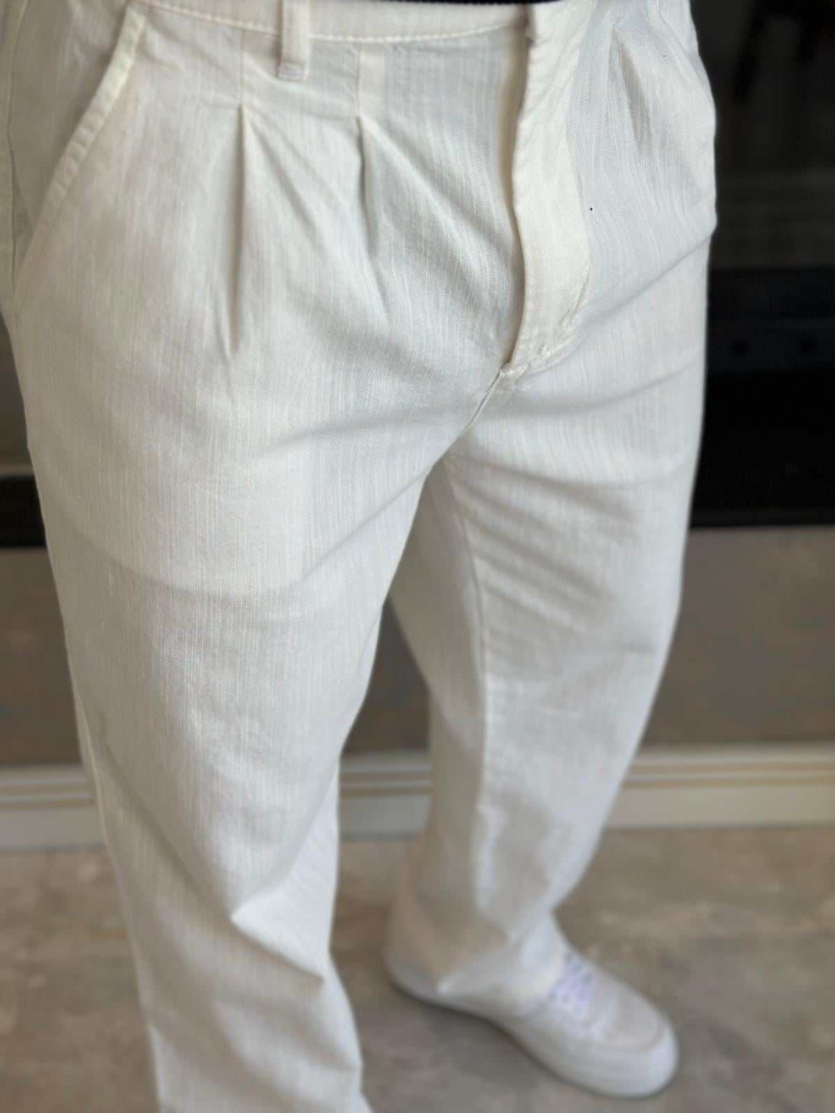 Erkek Pileli  Relaxed Fit Keten Pantolon Beyaz Eca028