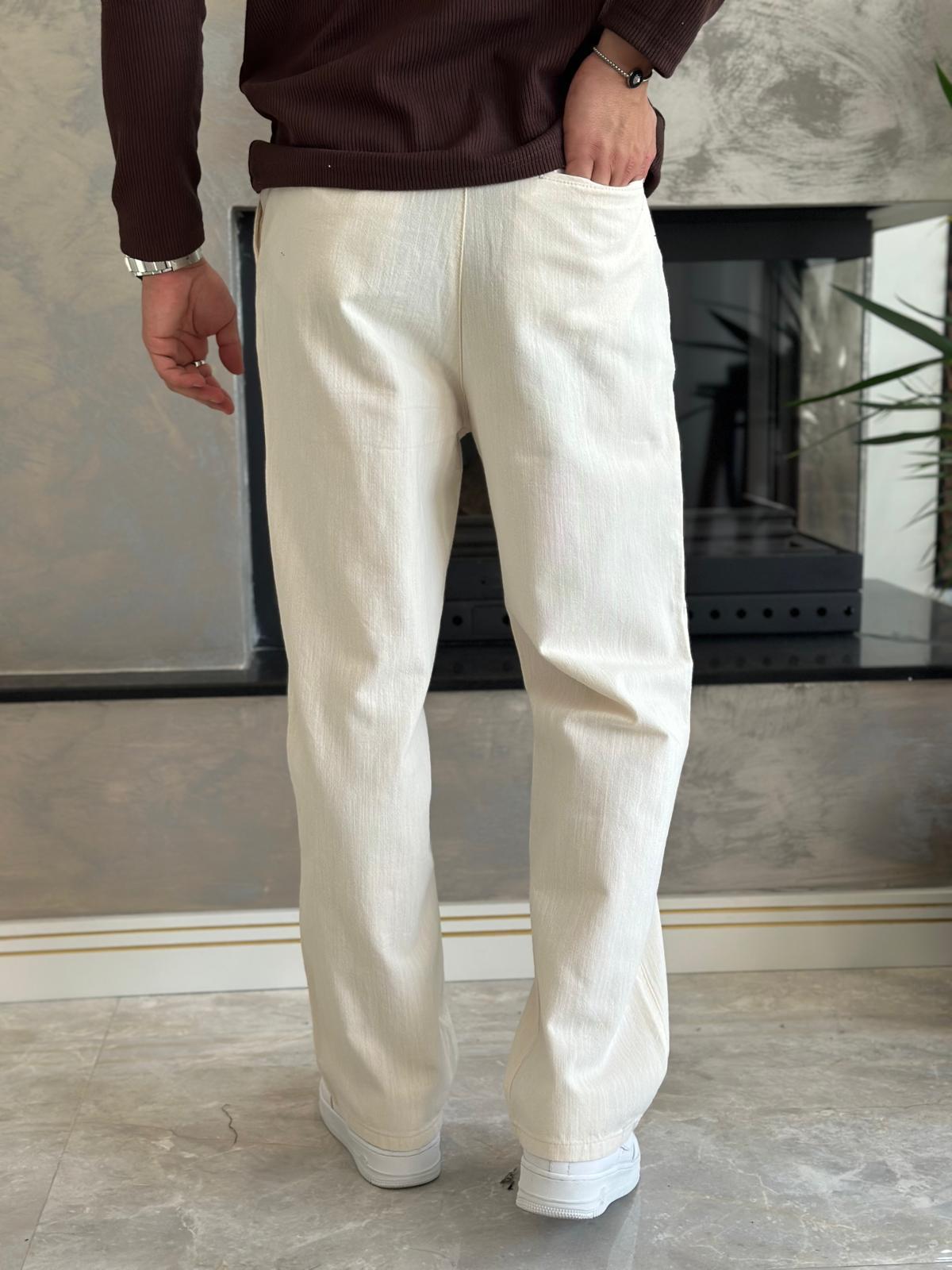 Erkek Pileli  Relaxed Fit Keten Pantolon Bej Eca028