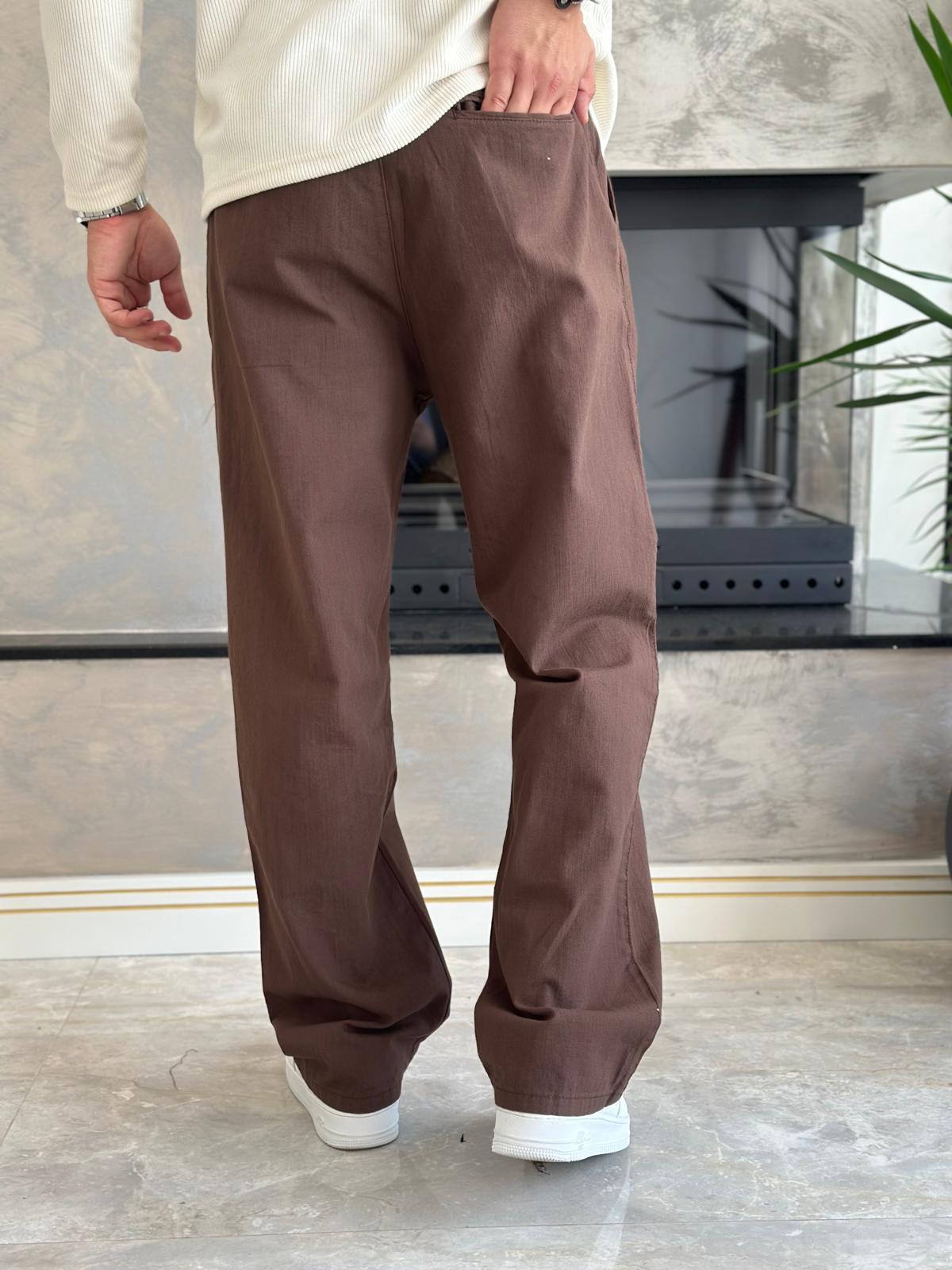 Erkek Pileli  Relaxed Fit Keten Pantolon Kahverengi Eca028