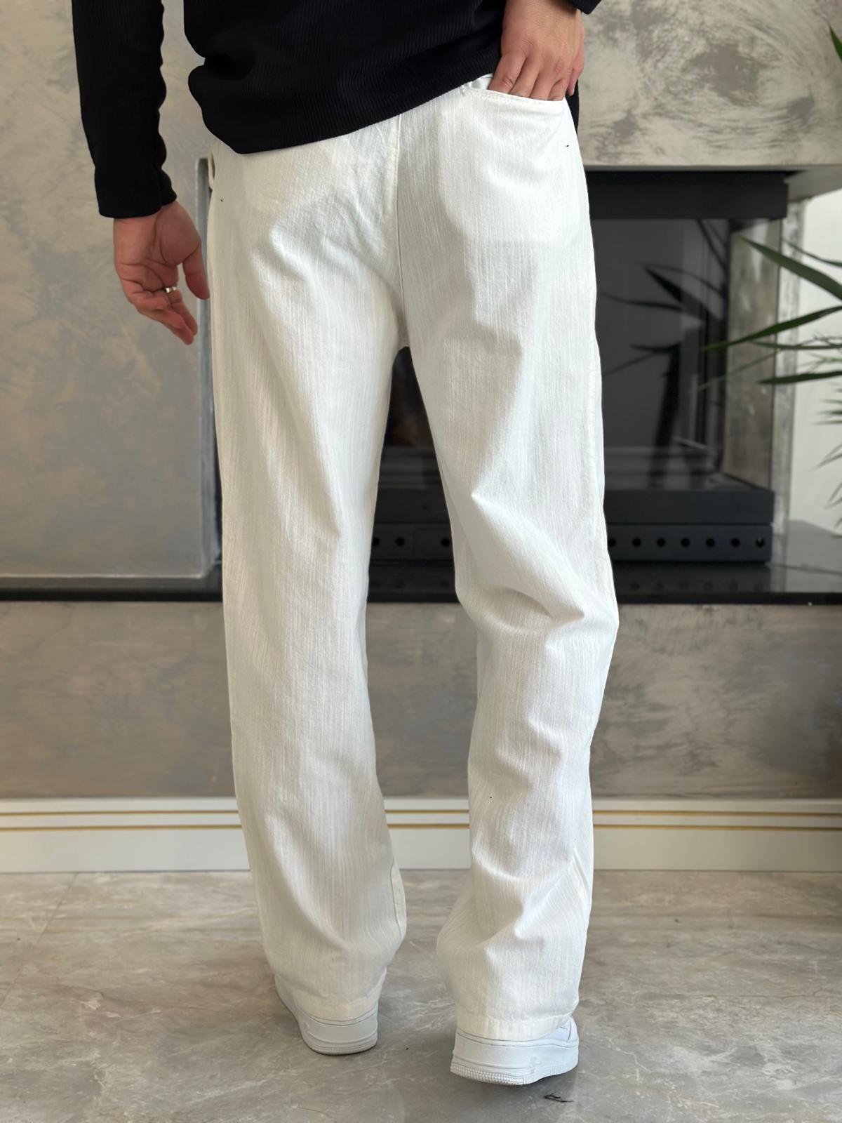 Erkek Pileli  Relaxed Fit Keten Pantolon Beyaz Eca028