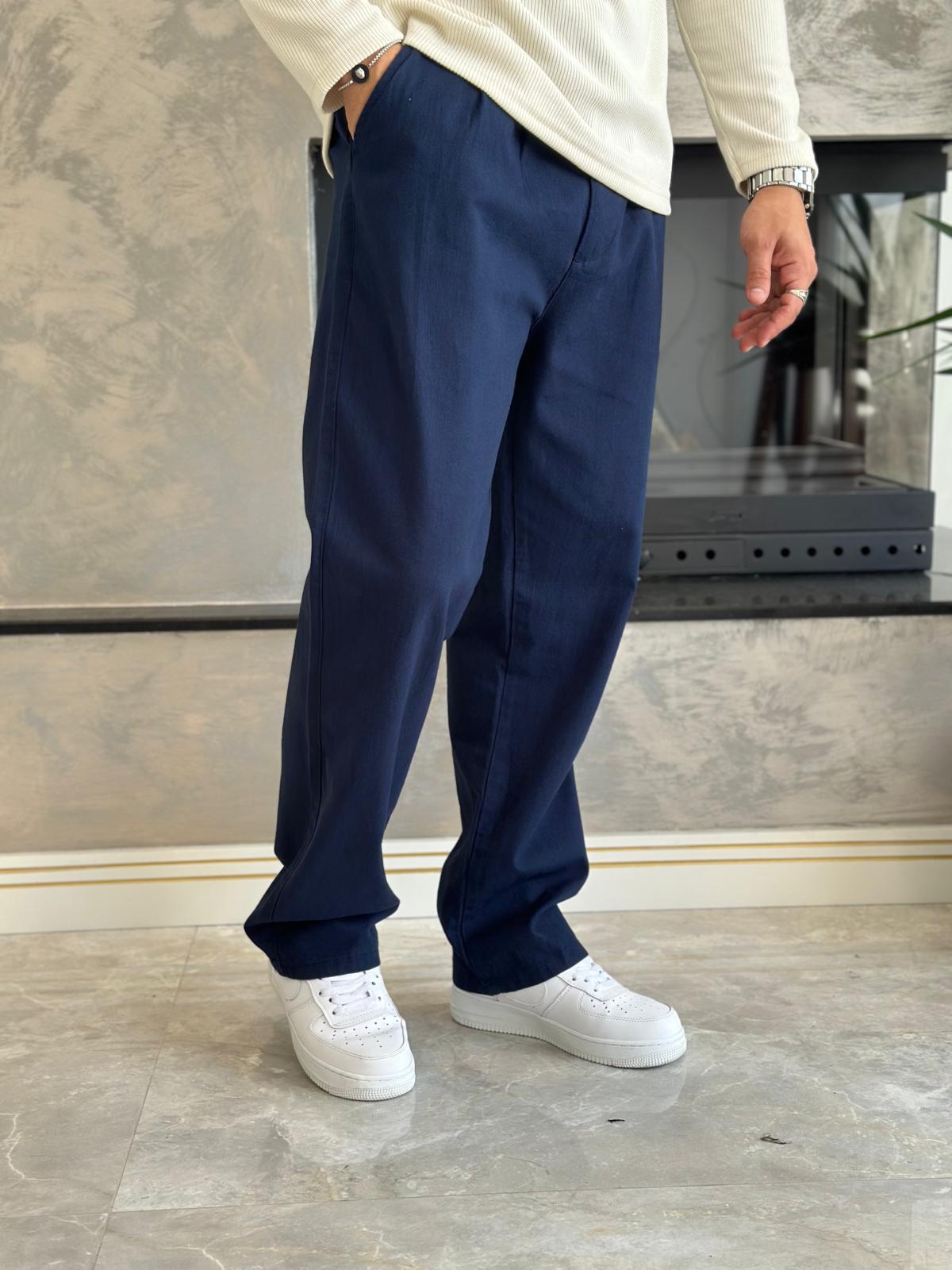 Erkek Pileli  Relaxed Fit Keten Pantolon Lacivert Eca028