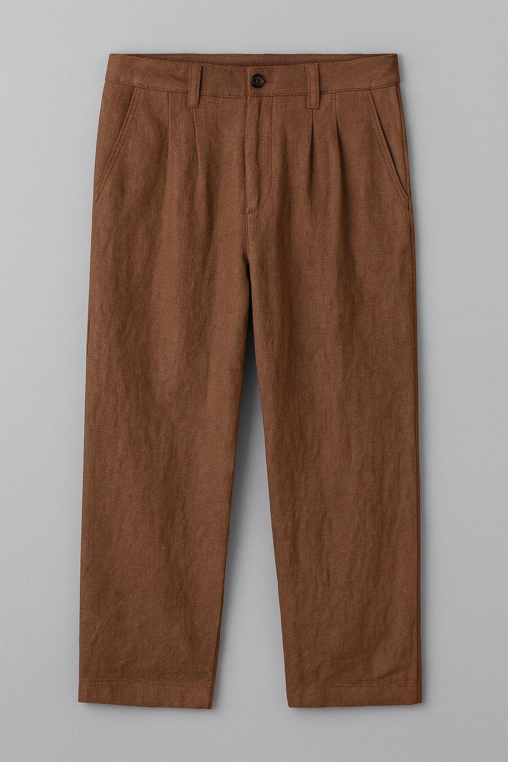 Erkek Pileli  Relaxed Fit Keten Pantolon Kahverengi Eca028