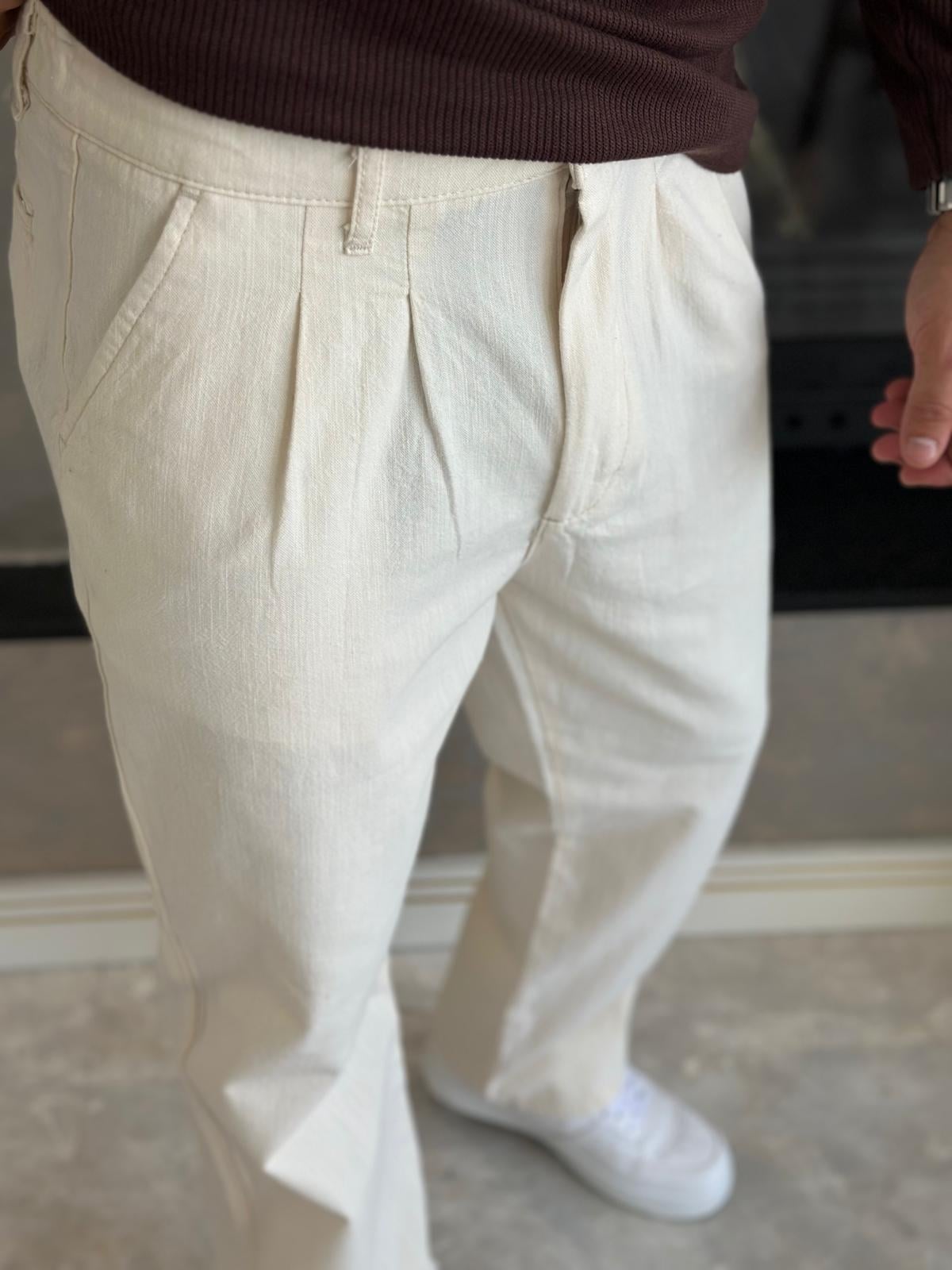 Erkek Pileli  Relaxed Fit Keten Pantolon Bej Eca028