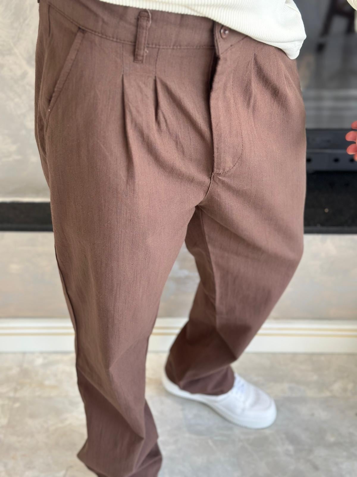 Erkek Pileli  Relaxed Fit Keten Pantolon Kahverengi Eca028