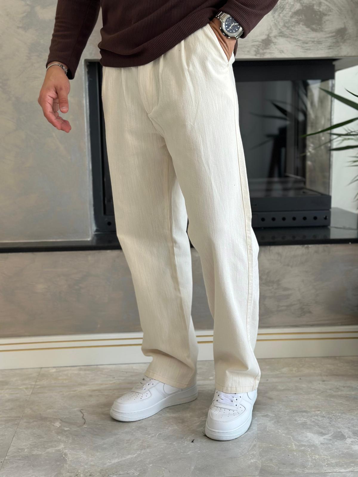 Erkek Pileli  Relaxed Fit Keten Pantolon Bej Eca028