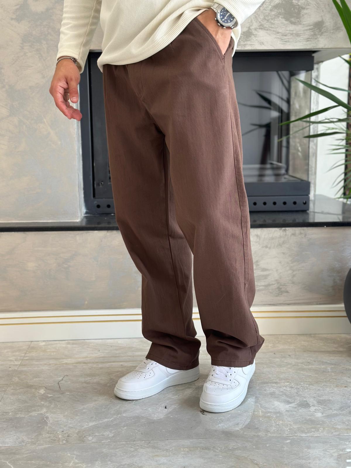 Erkek Pileli  Relaxed Fit Keten Pantolon Kahverengi Eca028