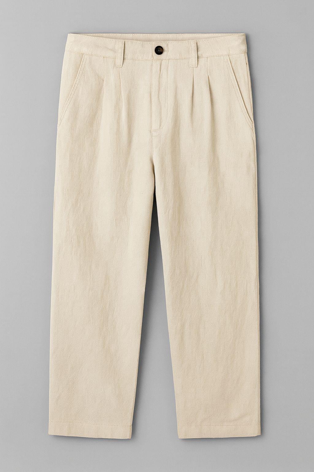 Erkek Pileli  Relaxed Fit Keten Pantolon Bej Eca028