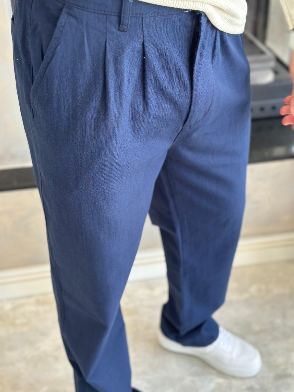 Erkek Pileli  Relaxed Fit Keten Pantolon Lacivert Eca028