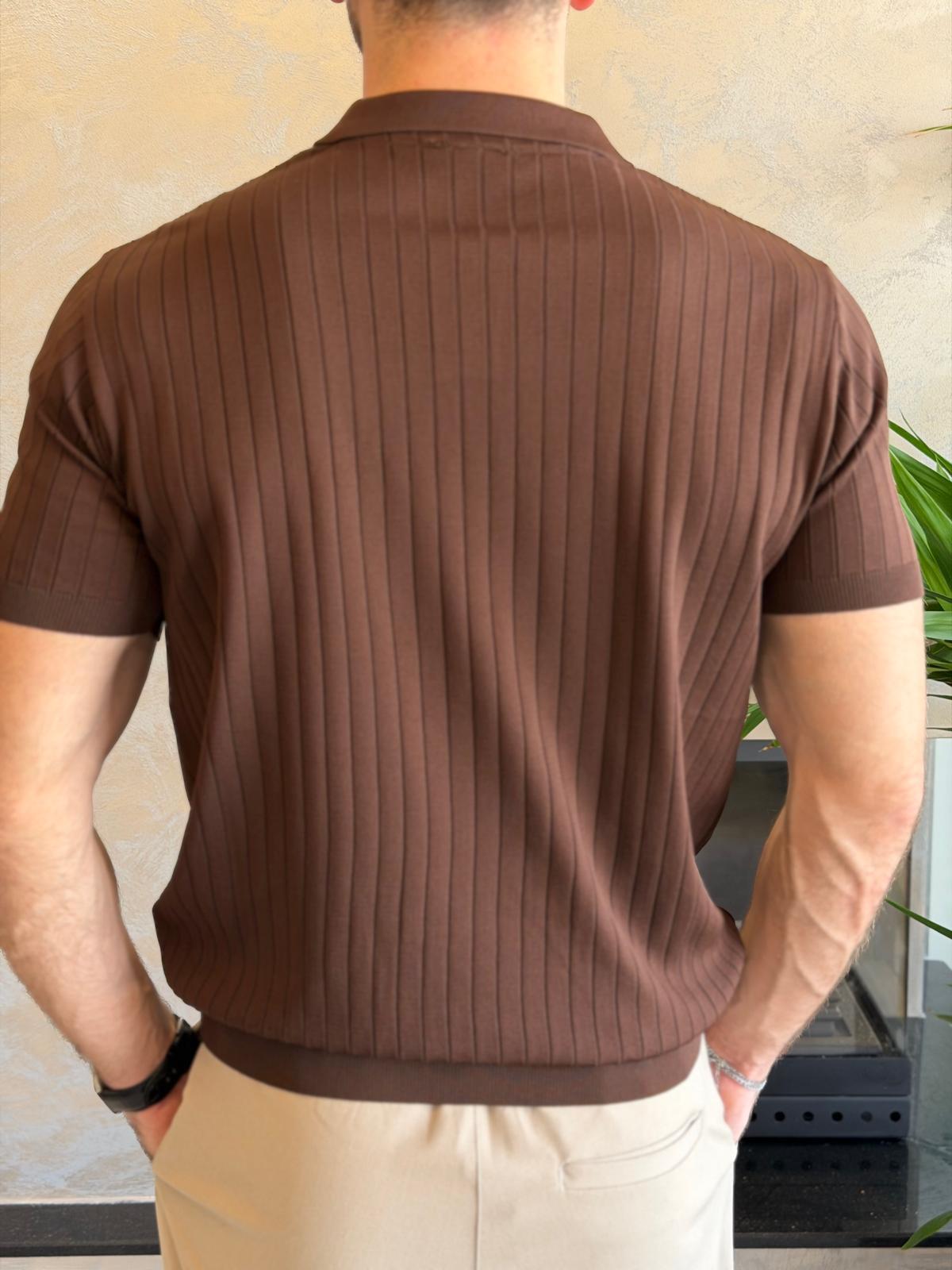 Erkek Polo Yaka Çizgi Dokulu Tshirt Acı Kahve Eca059