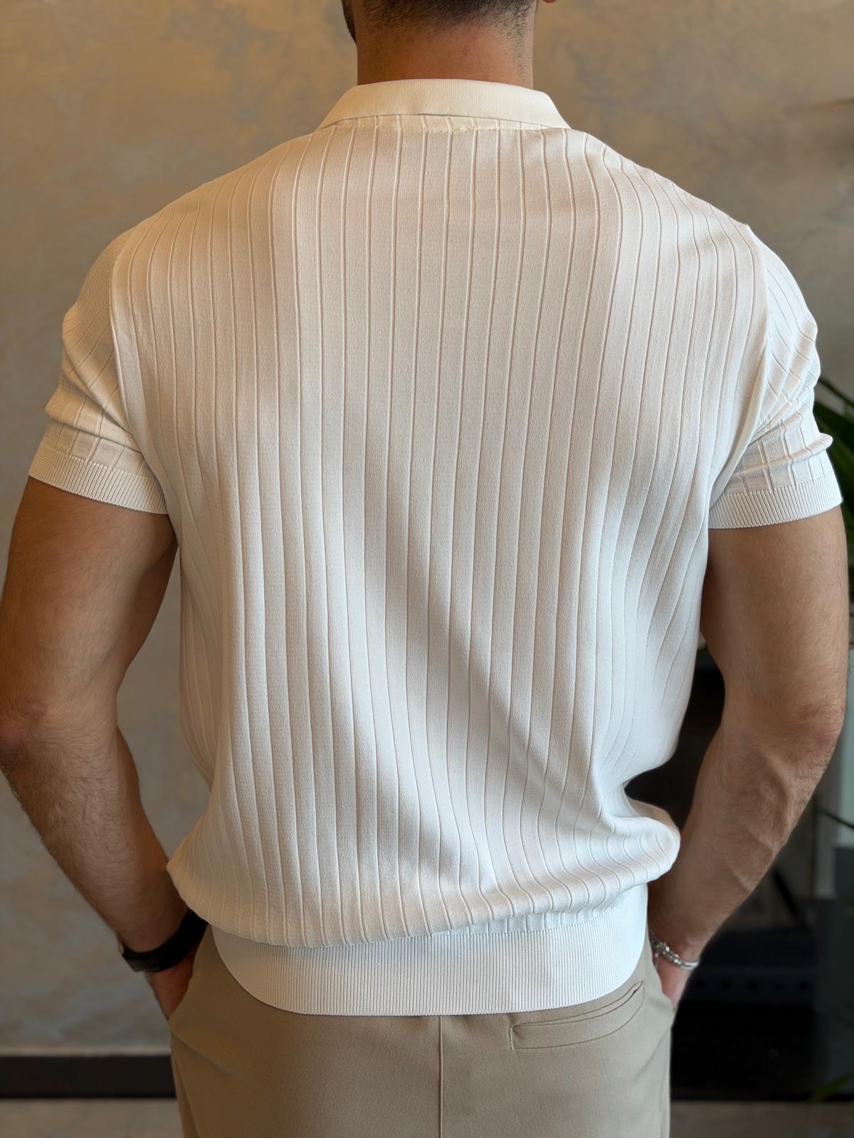 Erkek Polo Yaka Çizgi Dokulu Tshirt Beyaz Eca059