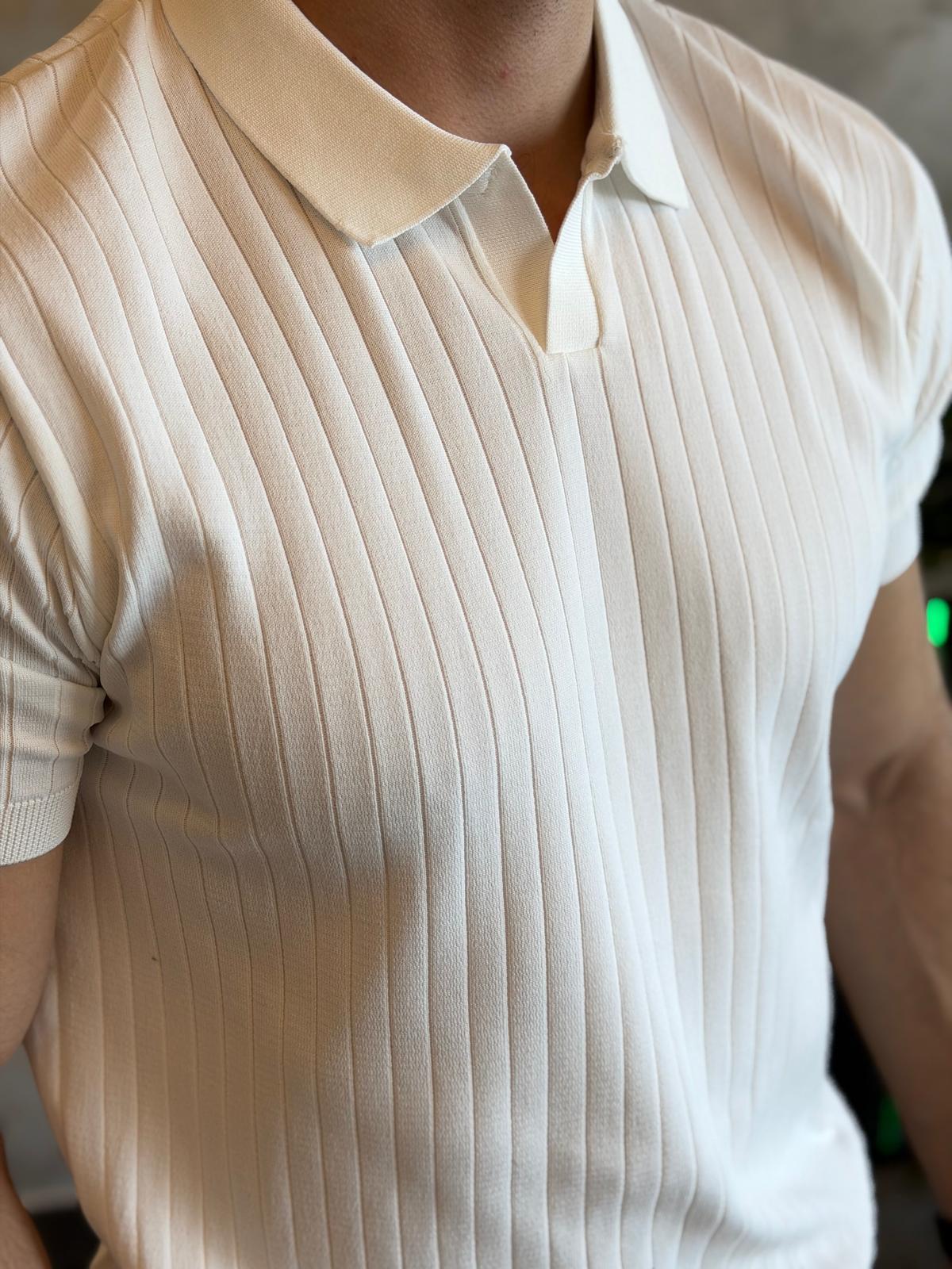 Erkek Polo Yaka Çizgi Dokulu Tshirt Beyaz Eca059