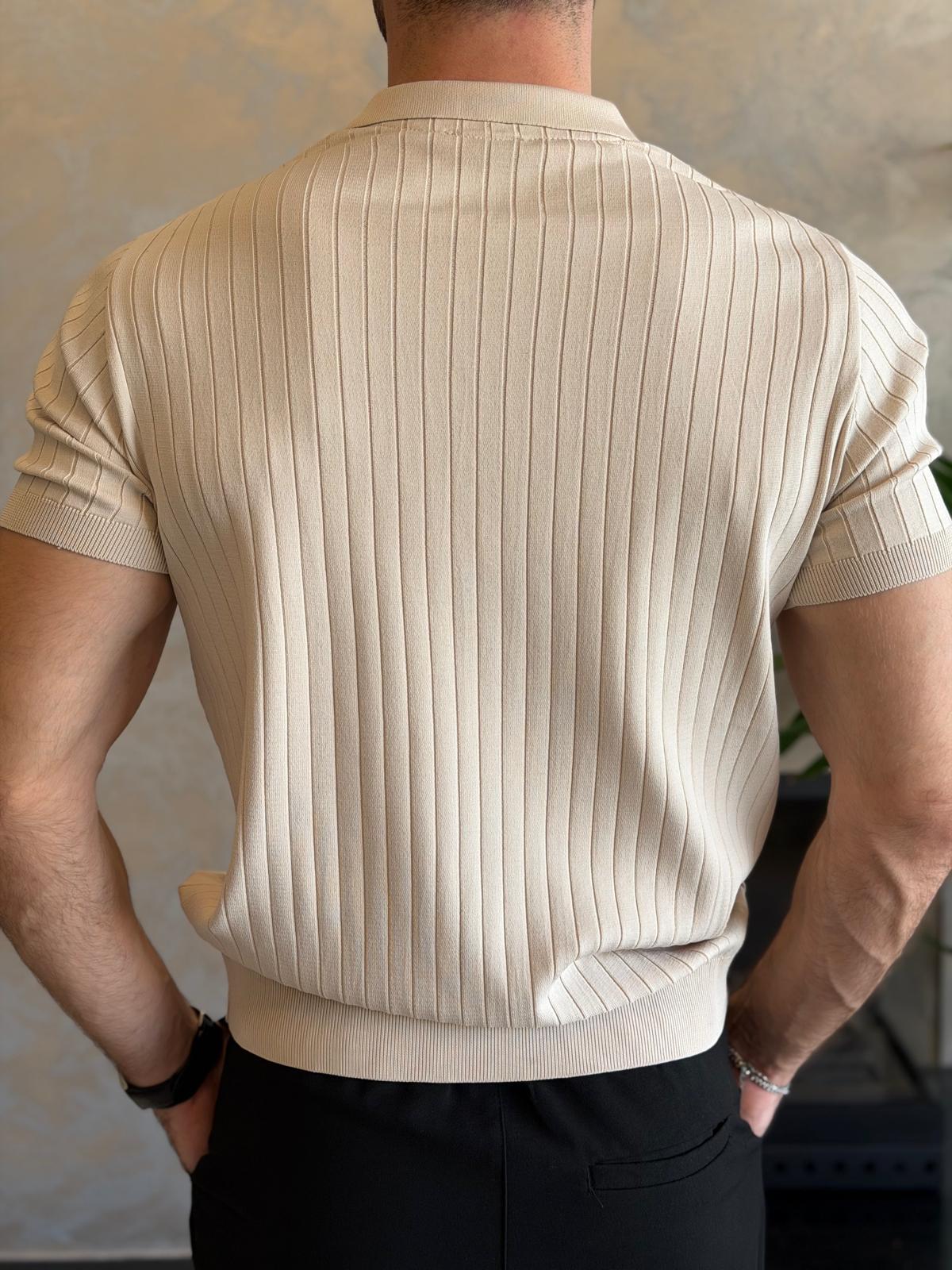 Erkek Polo Yaka Çizgi Dokulu Tshirt Bej Eca059