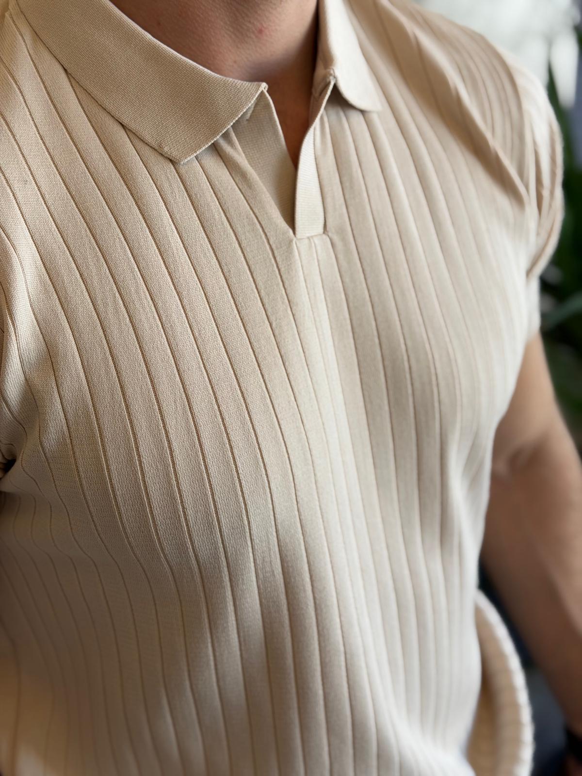 Erkek Polo Yaka Çizgi Dokulu Tshirt Bej Eca059