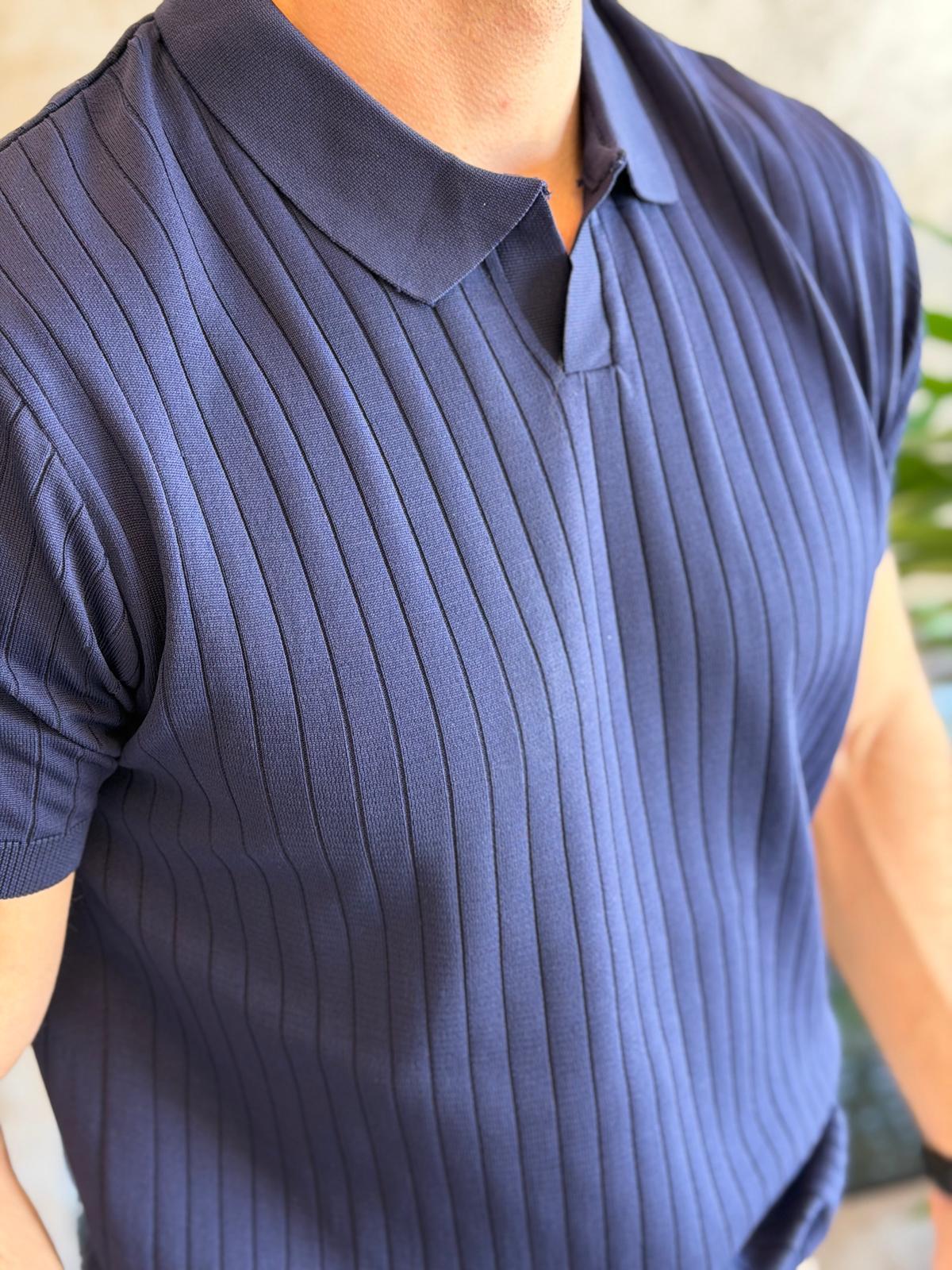 Erkek Polo Yaka Çizgi Dokulu Tshirt Lacivert Eca059