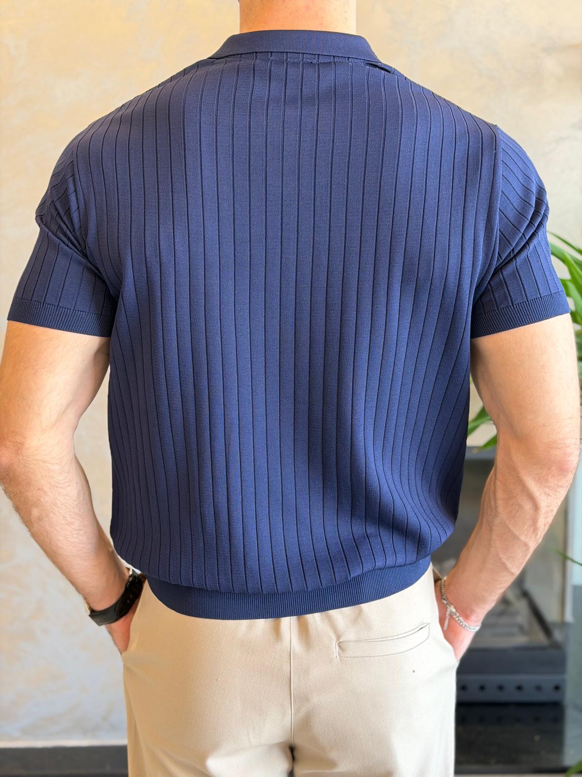 Erkek Polo Yaka Çizgi Dokulu Tshirt Lacivert Eca059
