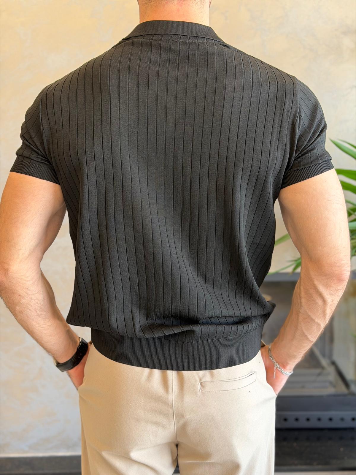 Erkek Polo Yaka Çizgi Dokulu Tshirt Siyah Eca059