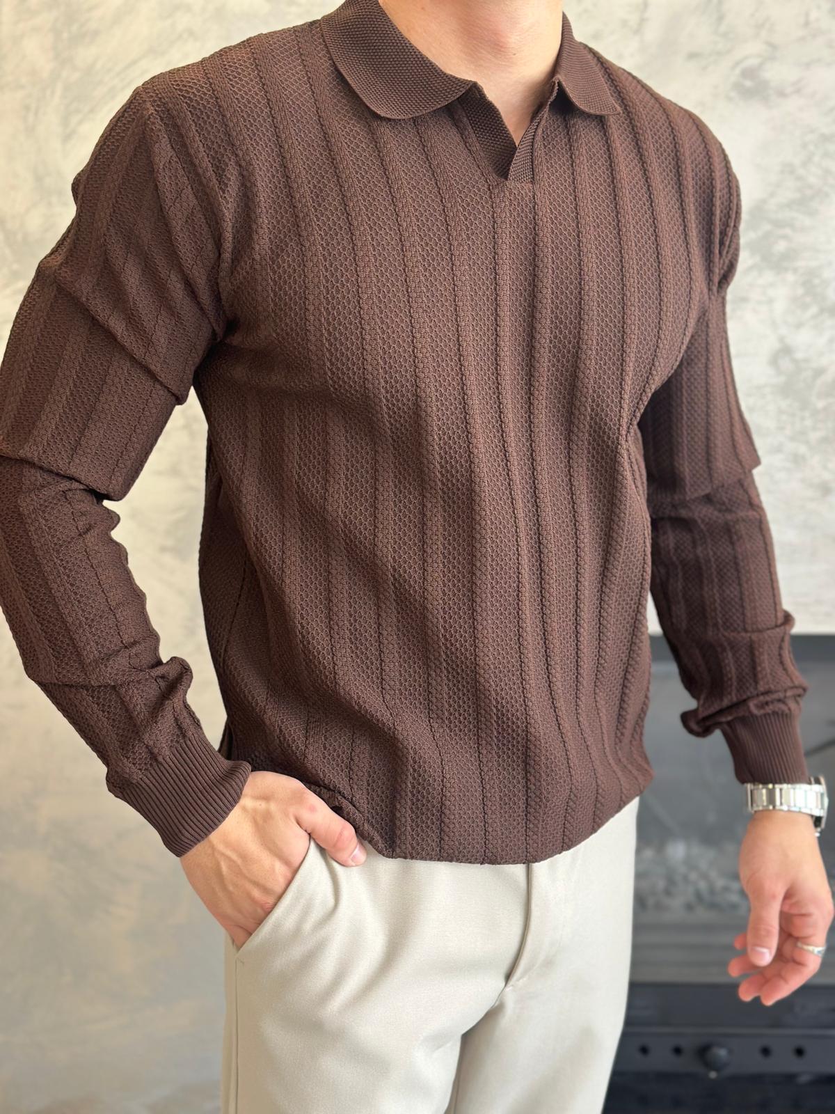 Erkek Polo Yaka Dokulu Kazak Acı Kahve  Eca054