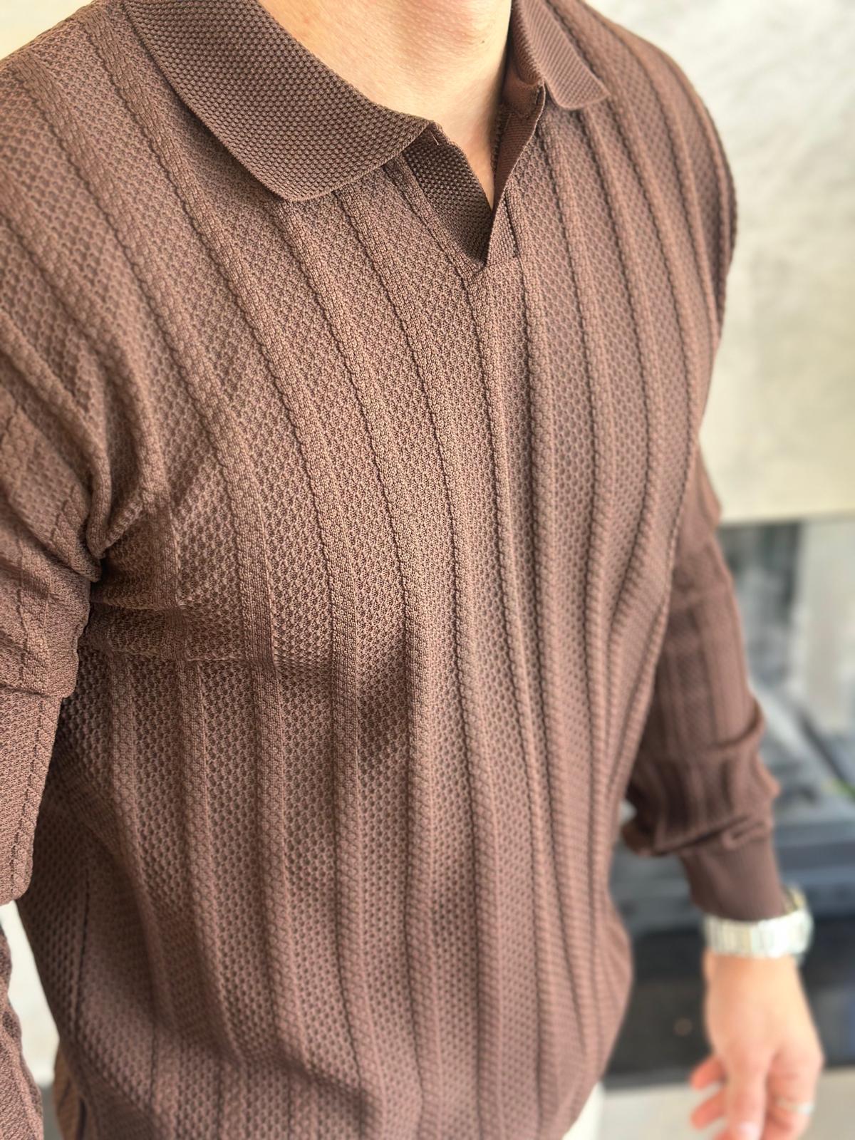 Erkek Polo Yaka Dokulu Kazak Acı Kahve  Eca054