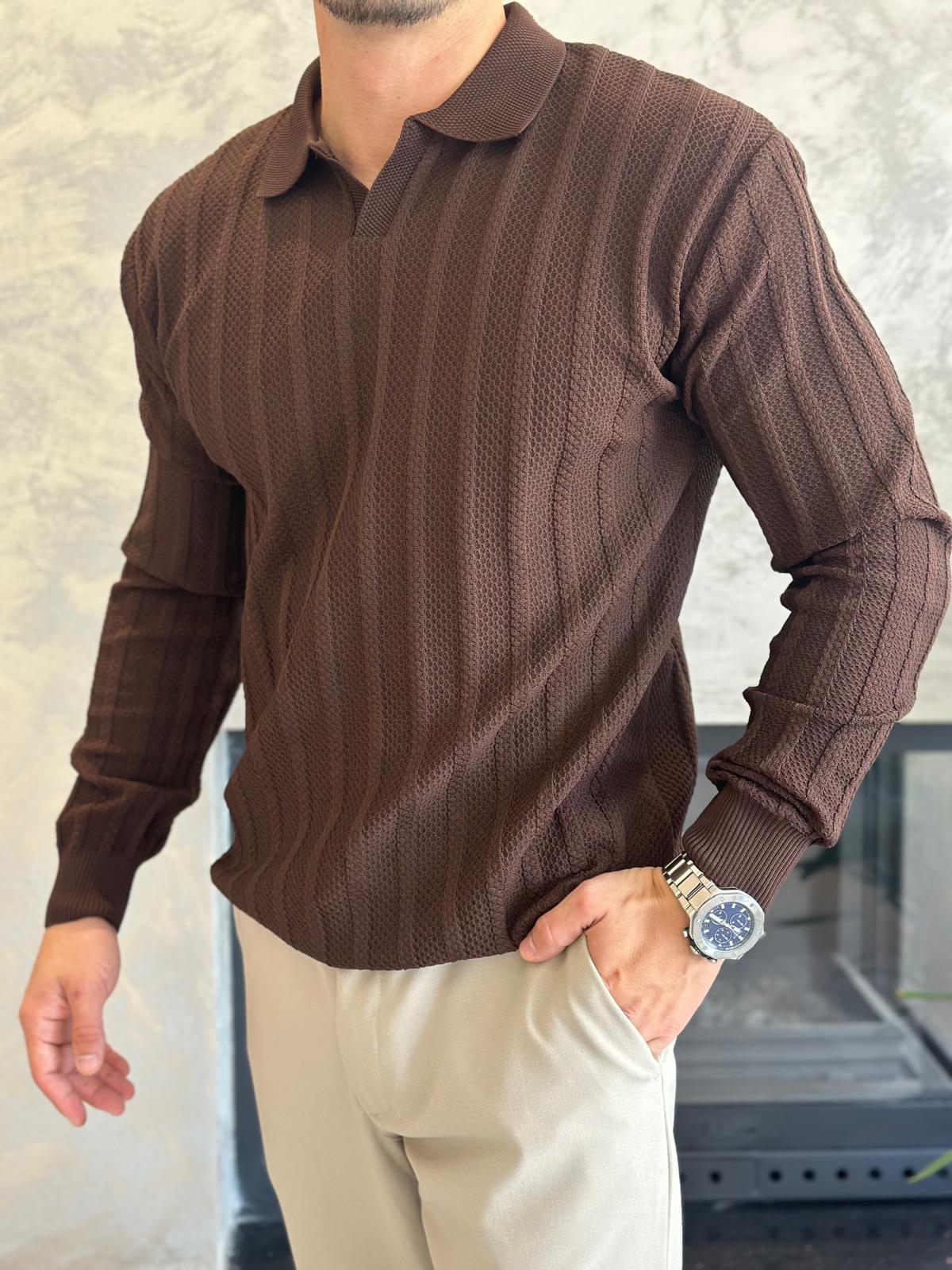 Erkek Polo Yaka Dokulu Kazak Acı Kahve  Eca054